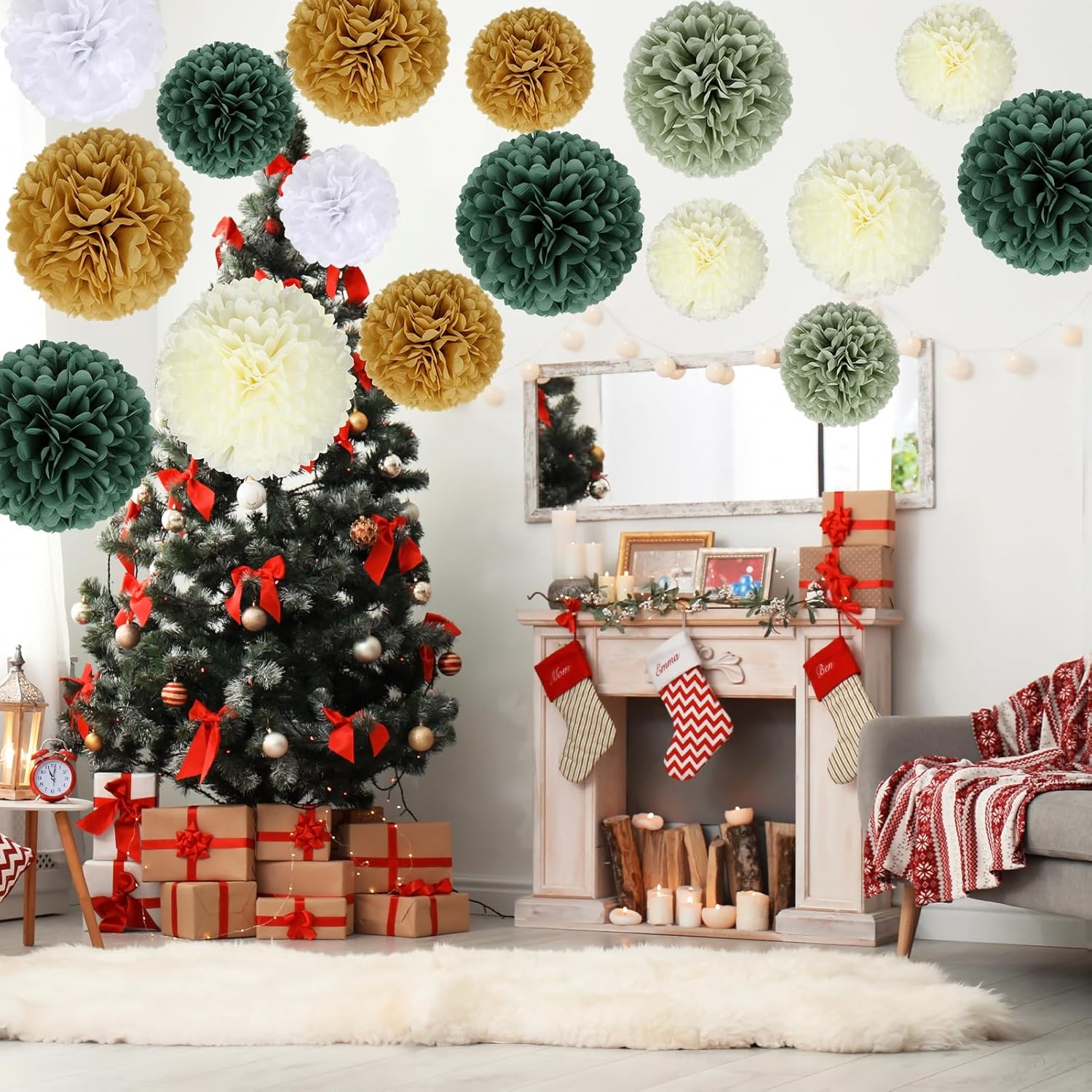 Detalle de BestoFun lot de 16 pompons en papier de soie vert kaki, beige et blanc pour Noël, mariage et fêtes