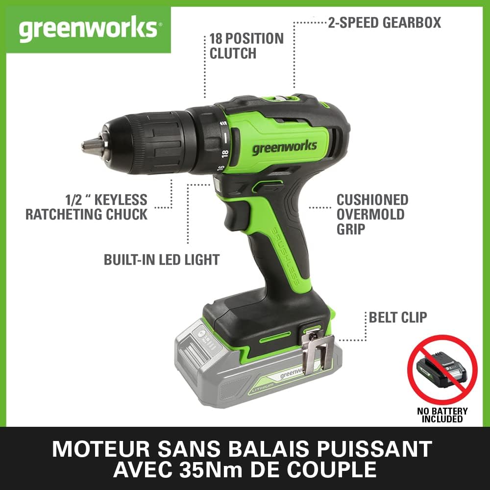 Thumbnail 2 de Greenworks GD24DD35 – Perceuse Visseuse Sans Fil, moteur sans balais, 35 Nm, 0-1450 tr/min, 2 vitesses