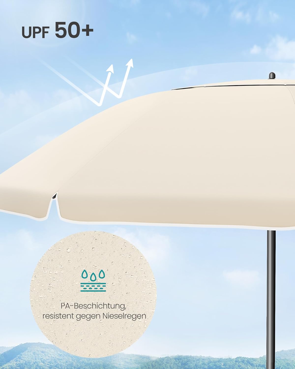 Thumbnail 3 de SONGMICS Sonnenschirm 180 cm mit UPF 50+, beidseitig um 30° knickbar und höhenverstellbar (beige, ohne Ständer) GPU062LZ01