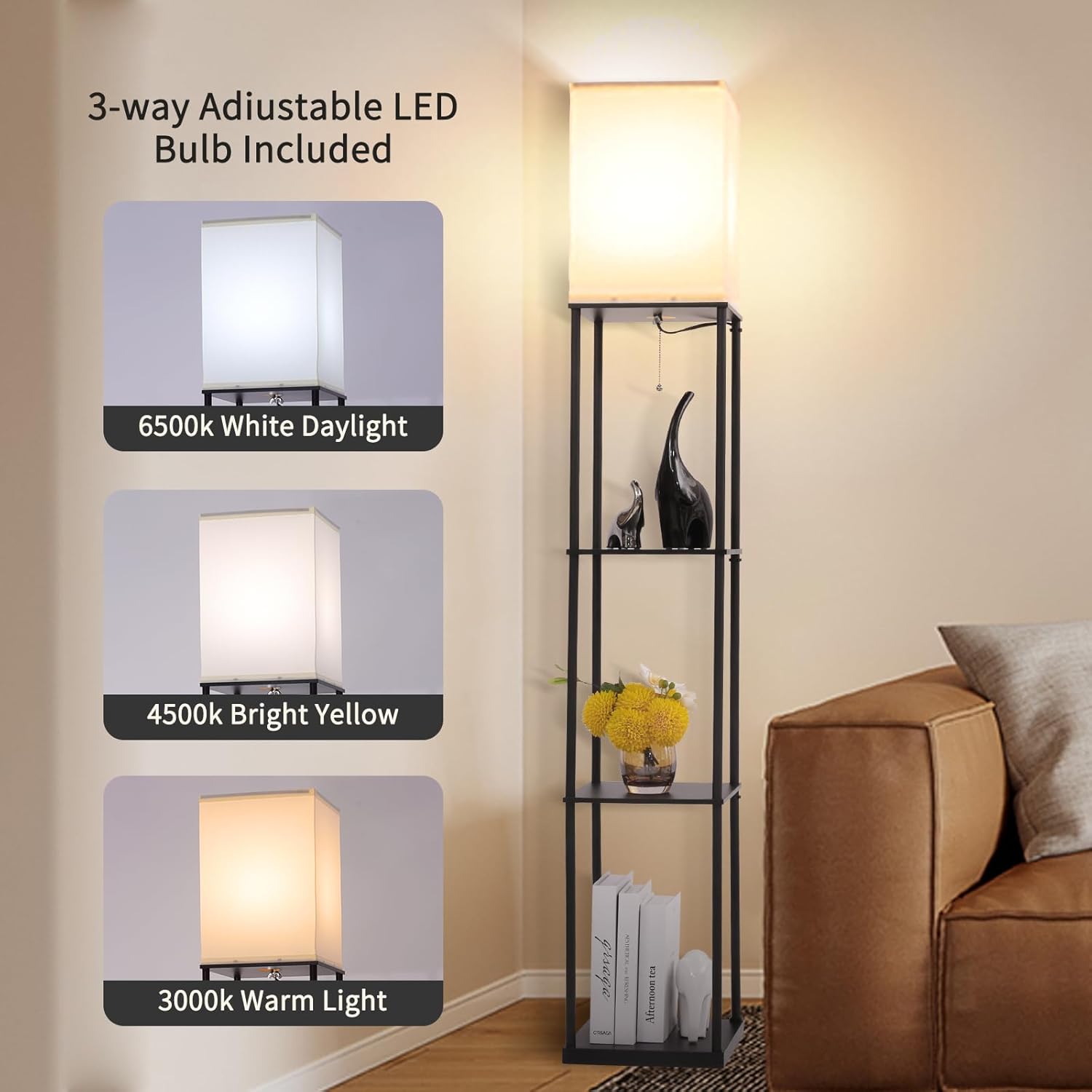 Thumbnail 1 de Gupuzm Floor Lamp with Shelves — Modern Square Standing Lamp with 3-Color Temperature Bulb (Black)