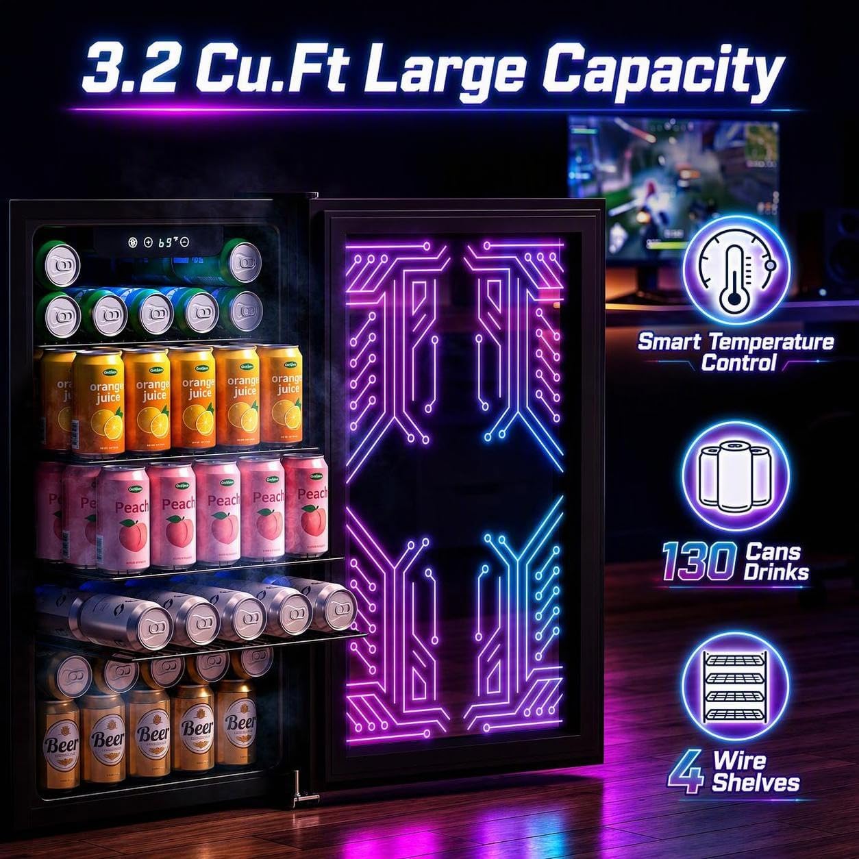 Detalle de COWSAR JC-90VEL-F Beverage Refrigerator, 3.2 Cu.Ft, Purple Accent Light