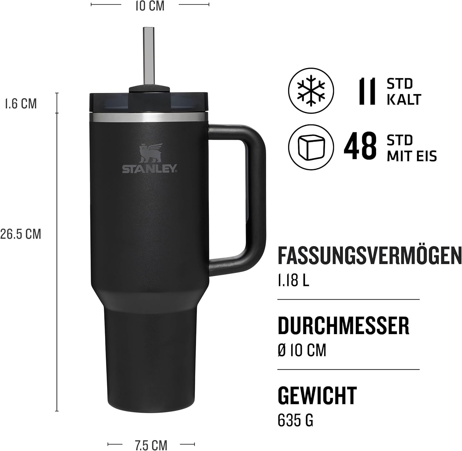 Thumbnail 1 de STANLEY Quencher H2.0 Flowstate Trinkflasche mit Strohhalm (1,2 l) – Thermobecher, 11 Std. kalt / bis zu 48 Std. eisgekühlt, spülmaschinenfest, BPA-frei – Black