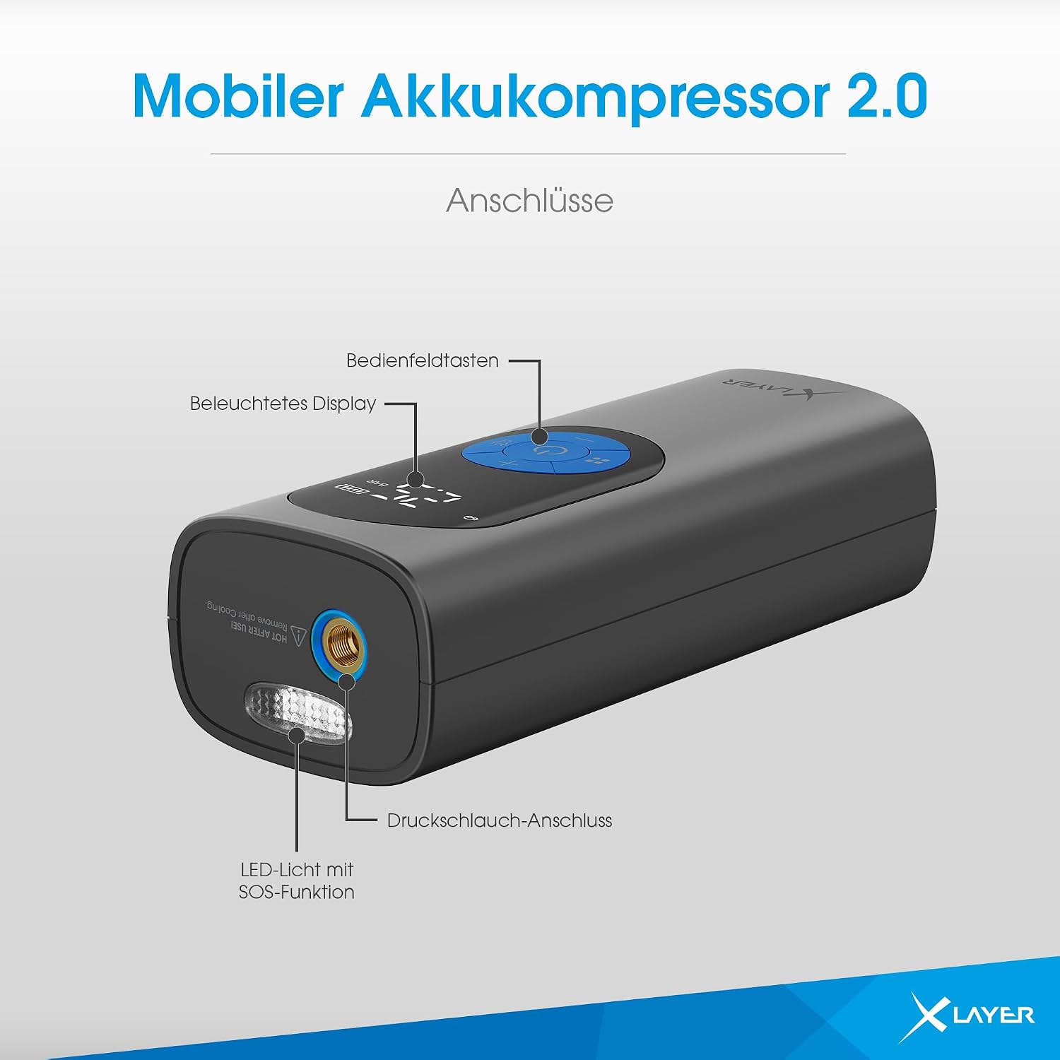 Detalle de XLayer Elektrische Luftpumpe mit 6.000 mAh – mobiler Akkukompressor für Auto, Fahrrad, Motorrad, Luftbett und Bälle