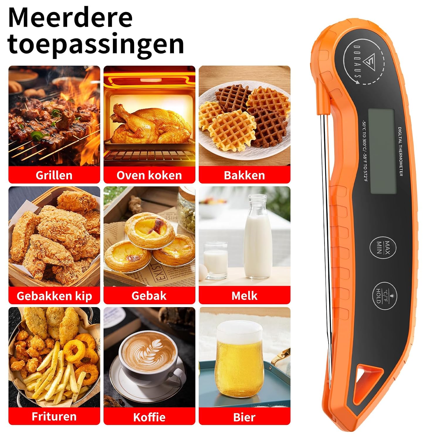 Detalle de DOQAUS CP7 Pro vleesthermometer met inklapbare sonde en lcd-achtergrondverlichting