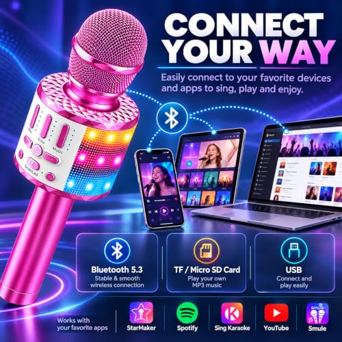 Detalle 1 de MicQutr Karaoke-Mikrofon für Kinder mit Bluetooth, LED-Licht und 5 Stimmeffekten