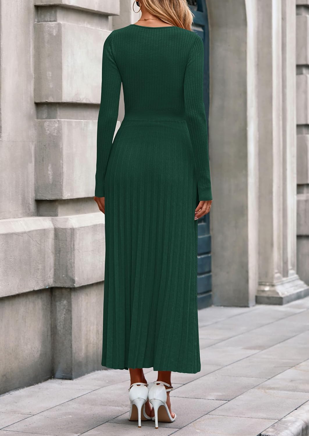 Detalle de PRETTYGARDEN Long Sleeve Maxi Sweater Dress, Ribbed Knit, V-Neck, Pleated A-Line