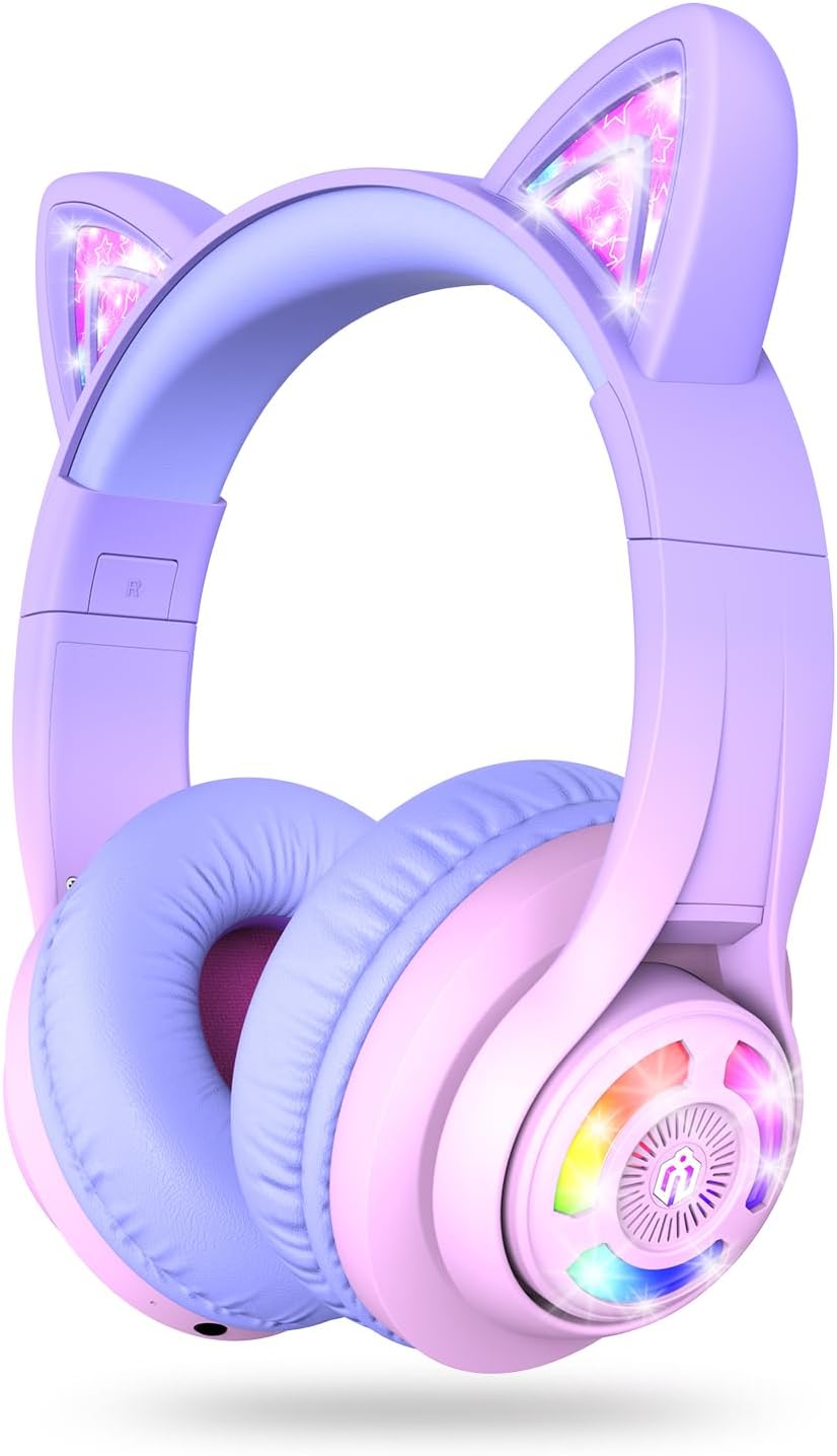 Detalle de iClever Kids Bluetooth Headphones BTH13: Cat Ear LED Lights, 50H Playtime, Safe Volume for Kids