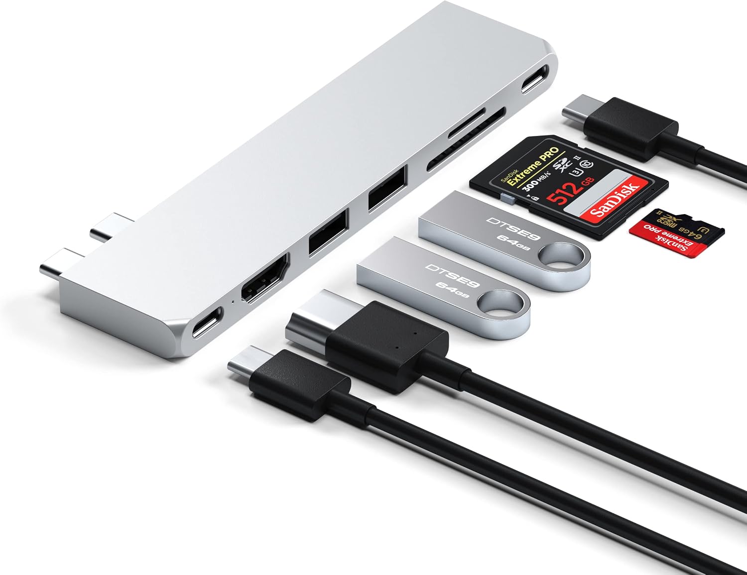Detalle de SATECHI Hub Dual USB-C Pro Slim 7 in 1: USB4 40 Gbps, 100W PD, HDMI e lettori SD per MacBook