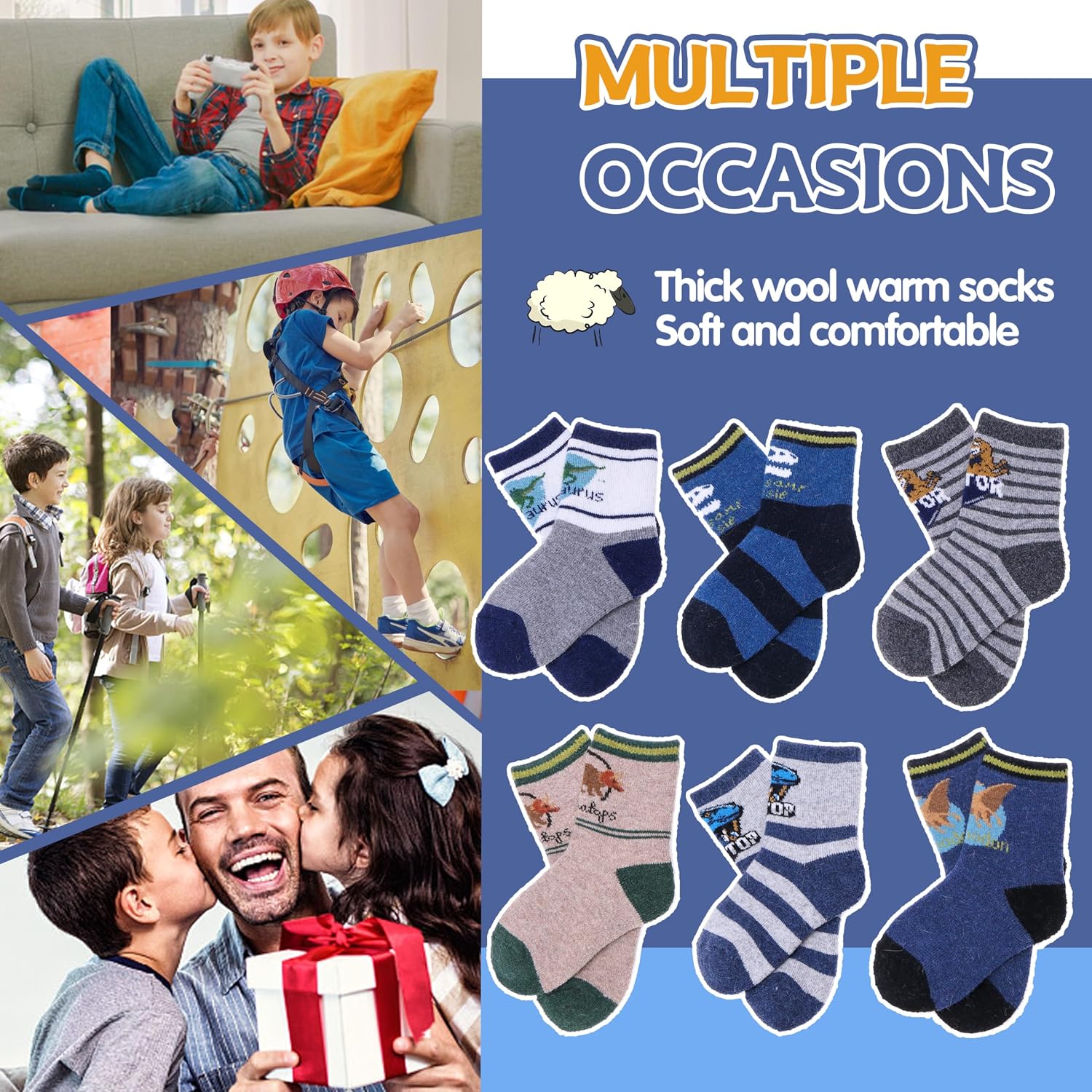 Detalle 2 de ANTSANG Kids Merino Wool Hiking Socks, 6-Pair Crew Boot Socks with Full Cushioning