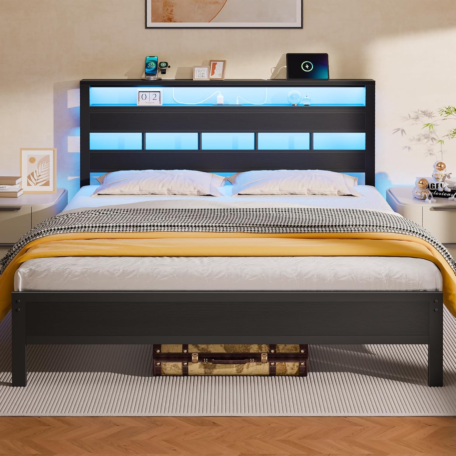Detalle de Furnulem Queen Bed Frame, Black Oak