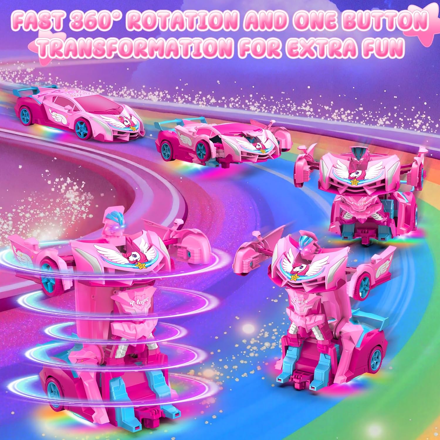 Detalle 2 de Unicorn 2.4GHz Remote Control Transform Cars with LED Lights (2-in-1) – one-button deformation & fast 360° rotation RC toy