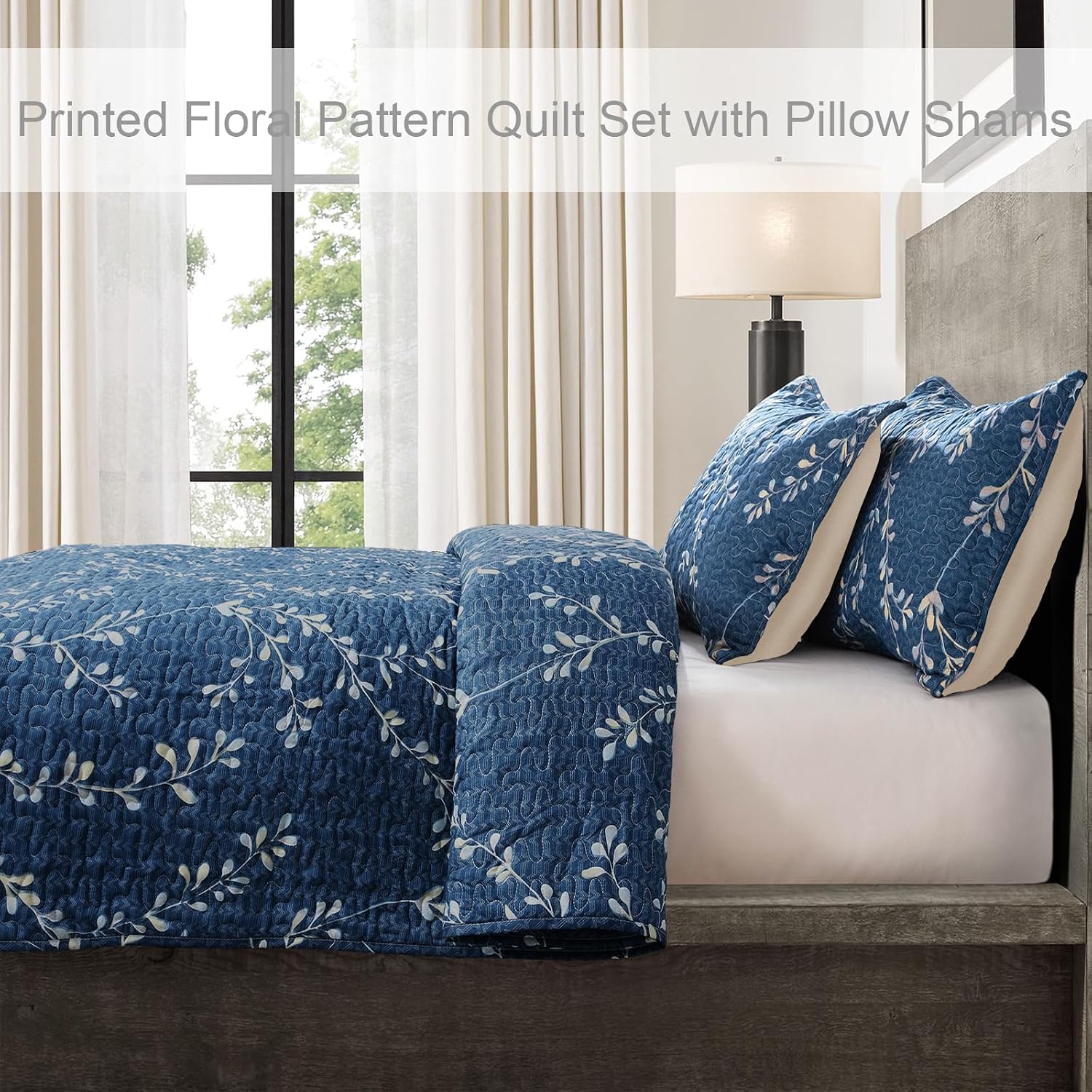 Detalle de Exclusivo Mezcla QS-13-BNAVY-Q Queen Floral Quilt Set, Reversible Microfiber