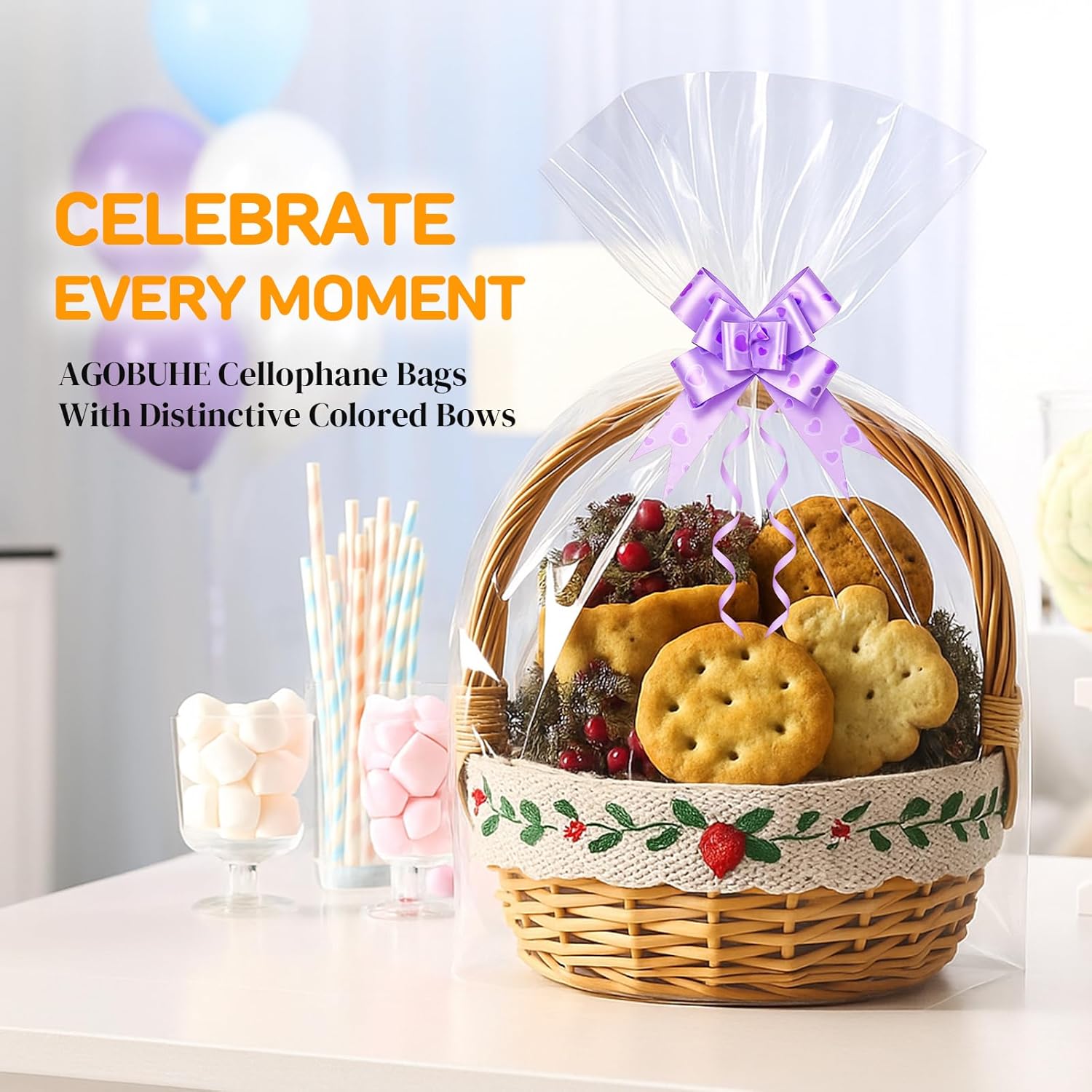 Detalle de 24Pcs Cellophane Bags with Pull Bows (14 x 20 in) for Hampers and Gift Wrapping