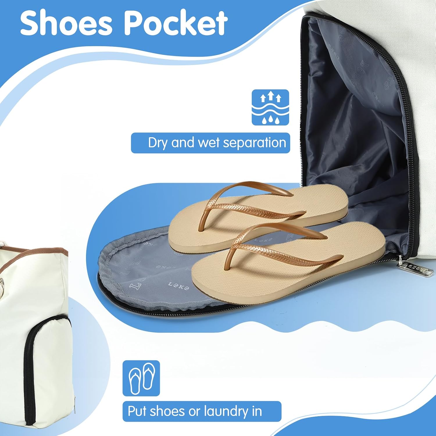 Thumbnail 3 de Lekespring Waterproof Beach Bag for Women — Stripe Tote with Zip, 30L, Off-White