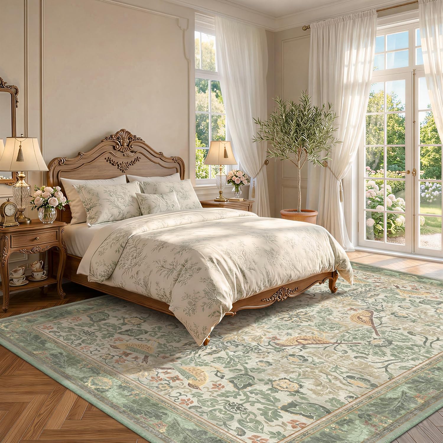 Thumbnail 2 de Hazo Haus Washable Floral Bird Rug (Sage Green) 8x10 Area Rug for Living Room & Bedroom