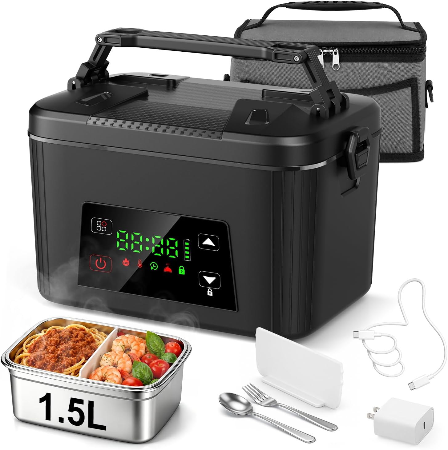Detalle de Moexili 1.5L Cordless Electric Lunch Box with 5-Sided Heating