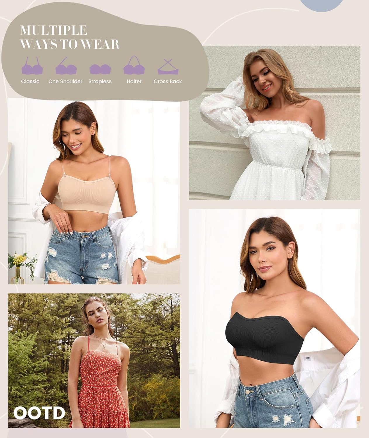 Thumbnail 5 de Finduself Strapless Wireless Bandeau Bra with Anti-Slip Lining and Removable Pads