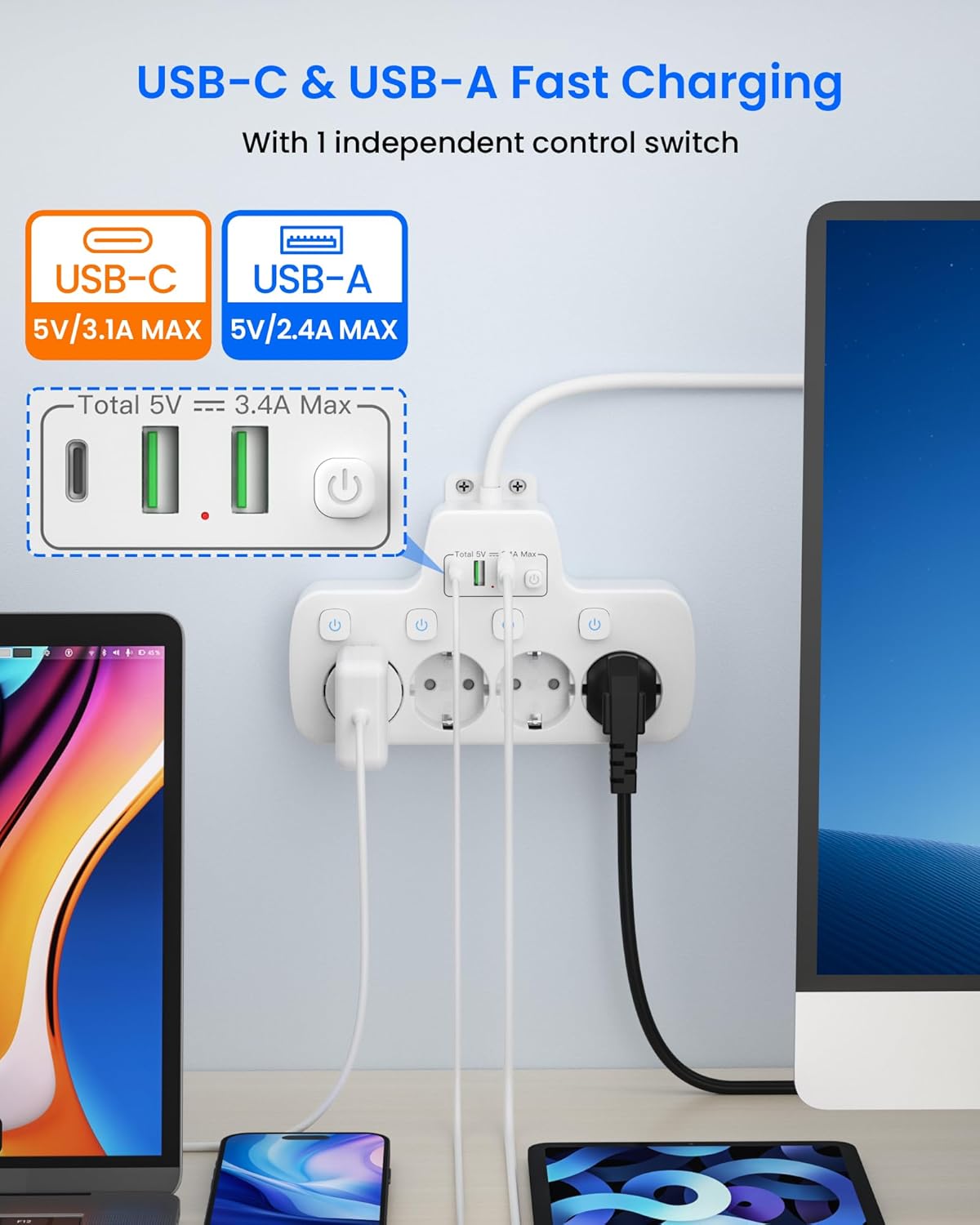 Detalle de Ciabatta Multipresa con Interruttori Indipendenti, 4 prese Schuko + USB (USB-C) – 2 m, design sottile, Bianca