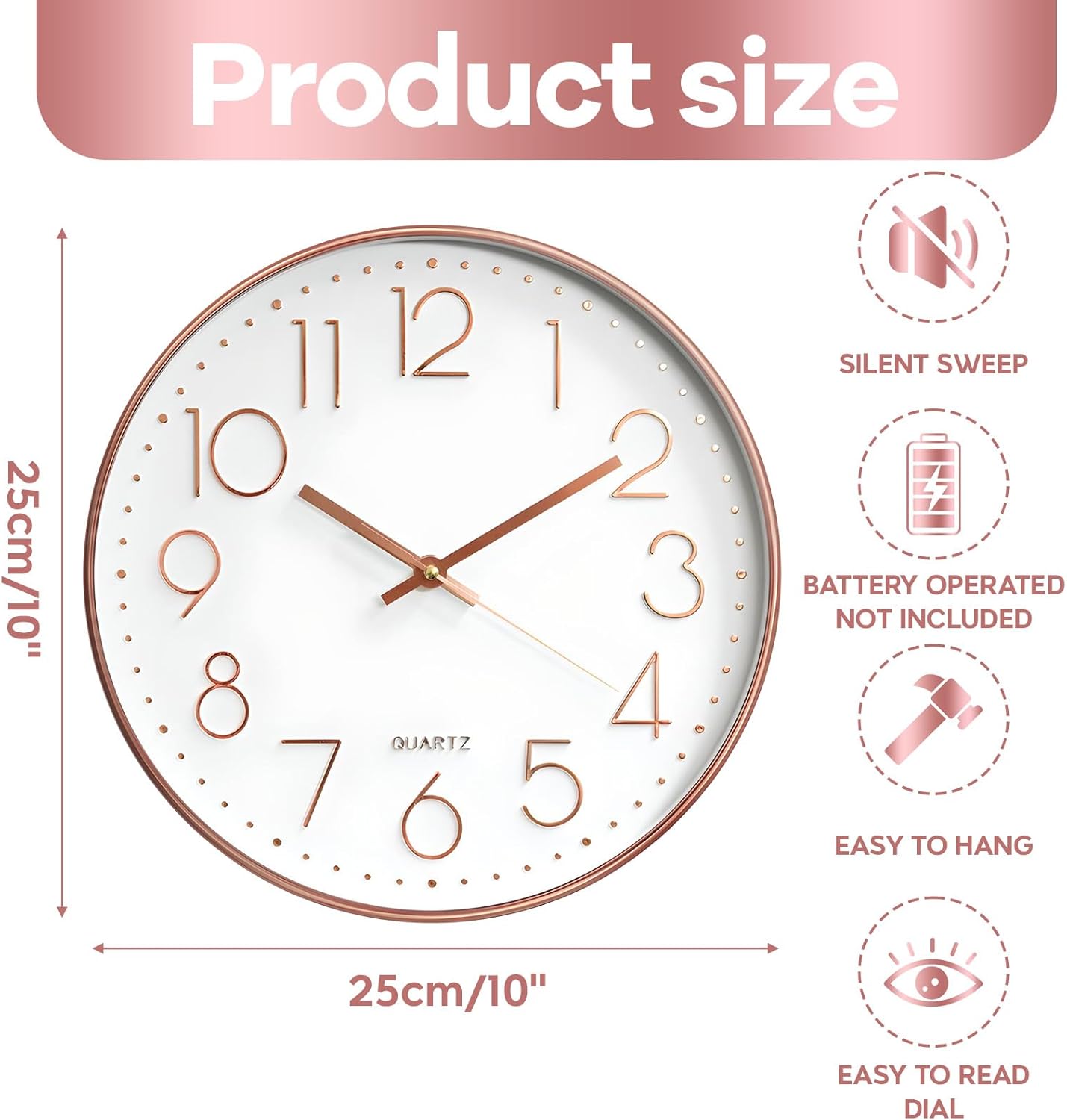 Detalle de Delgeo Modern Silent Wall Clock 25-30cm – Minimalist Rose Gold