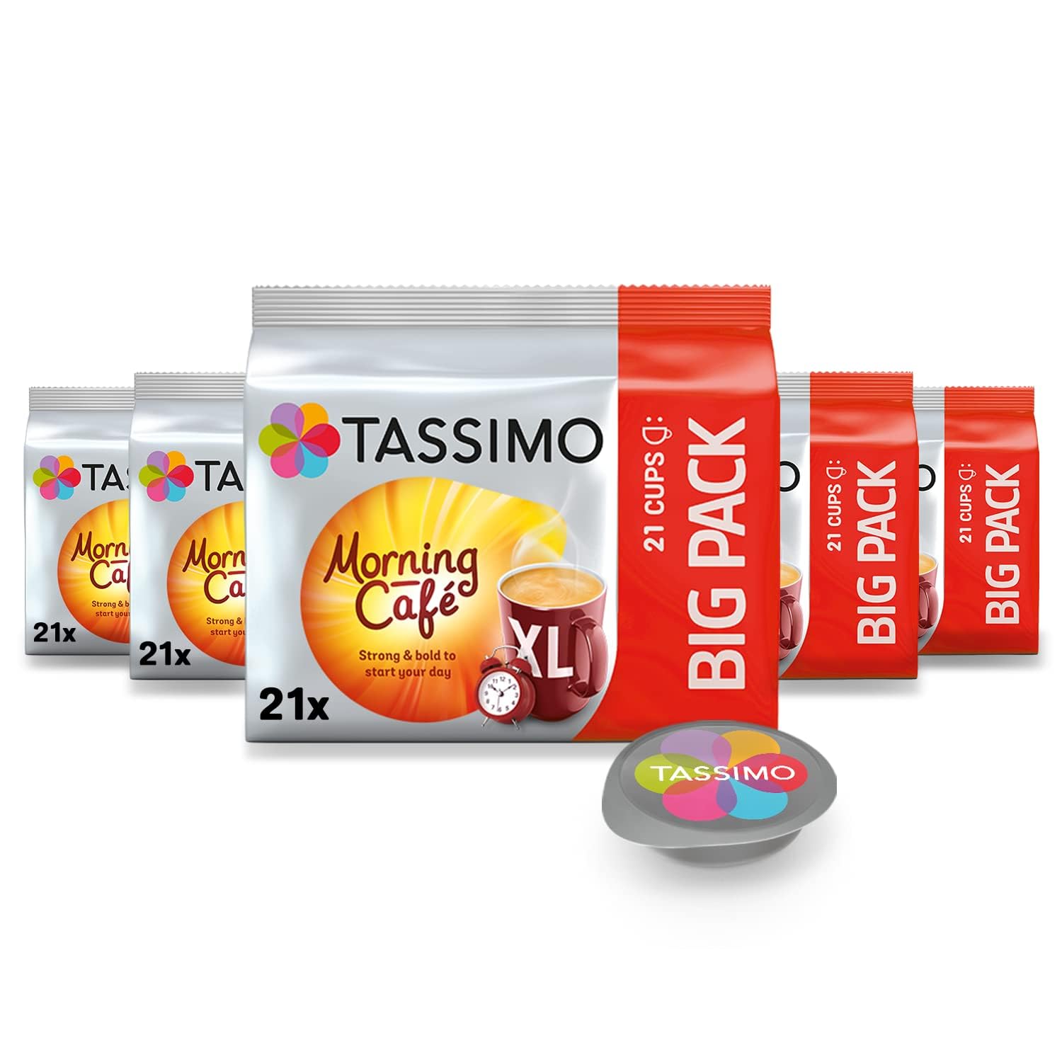 Detalle de Tassimo Morning Café XL Strong & Intense – 105 Kaffeekapseln im Big Pack (5×21 Pads)