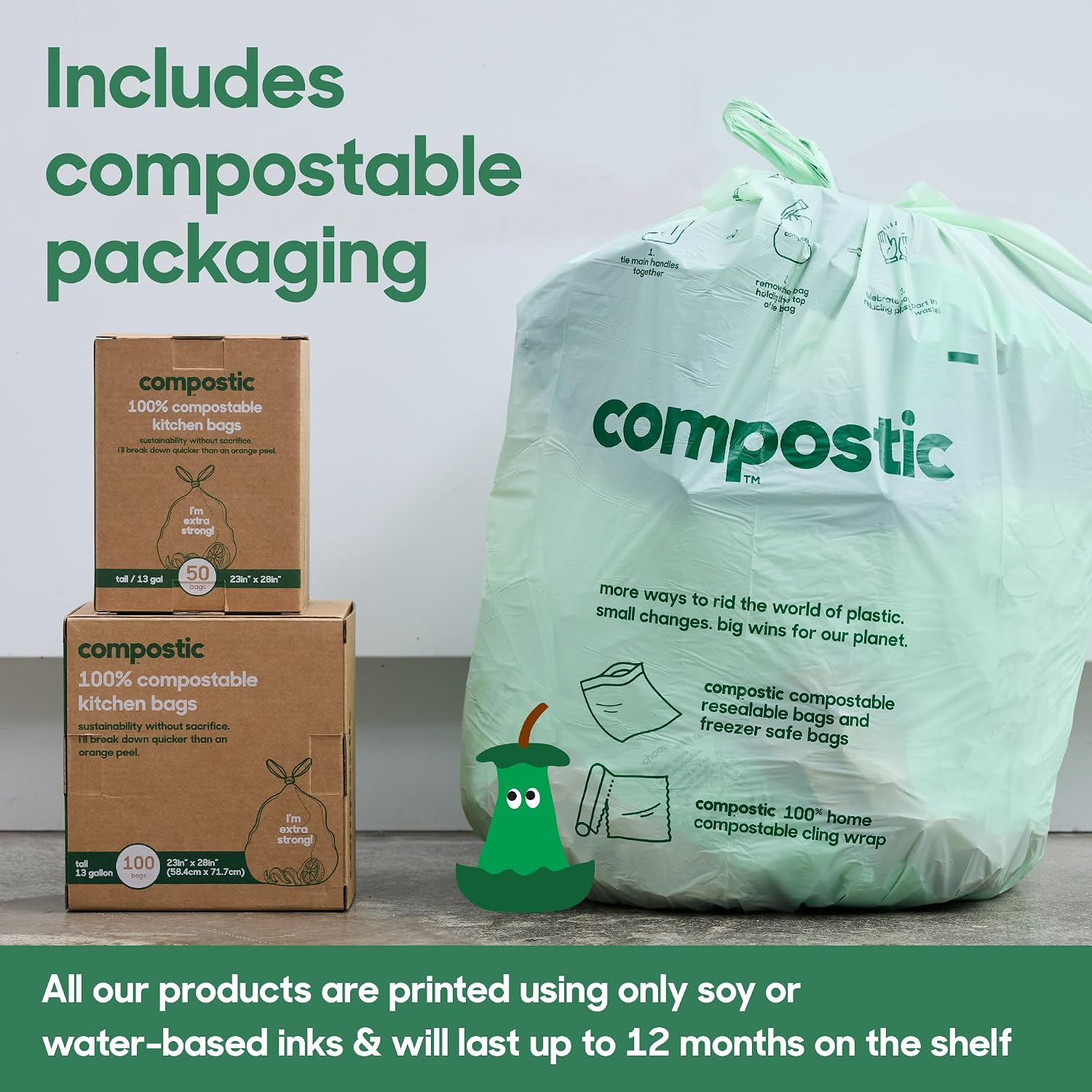 Thumbnail 5 de Compostic Compostable Trash Bags, 13 Gallon Tall Kitchen Starter Pack (50 Count) — Extra Strong, Home Compostable, Plant-Based, Unscented