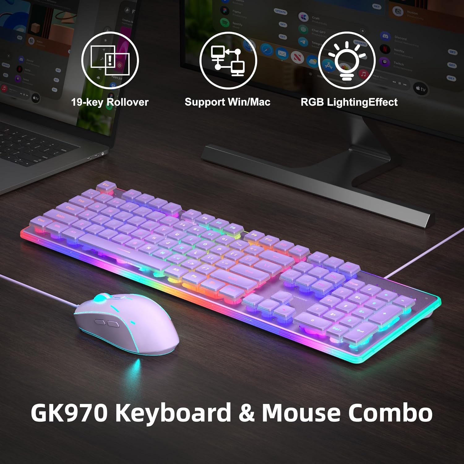 Thumbnail 1 de MageGee GK970 Purple Gaming Keyboard and Mouse Combo