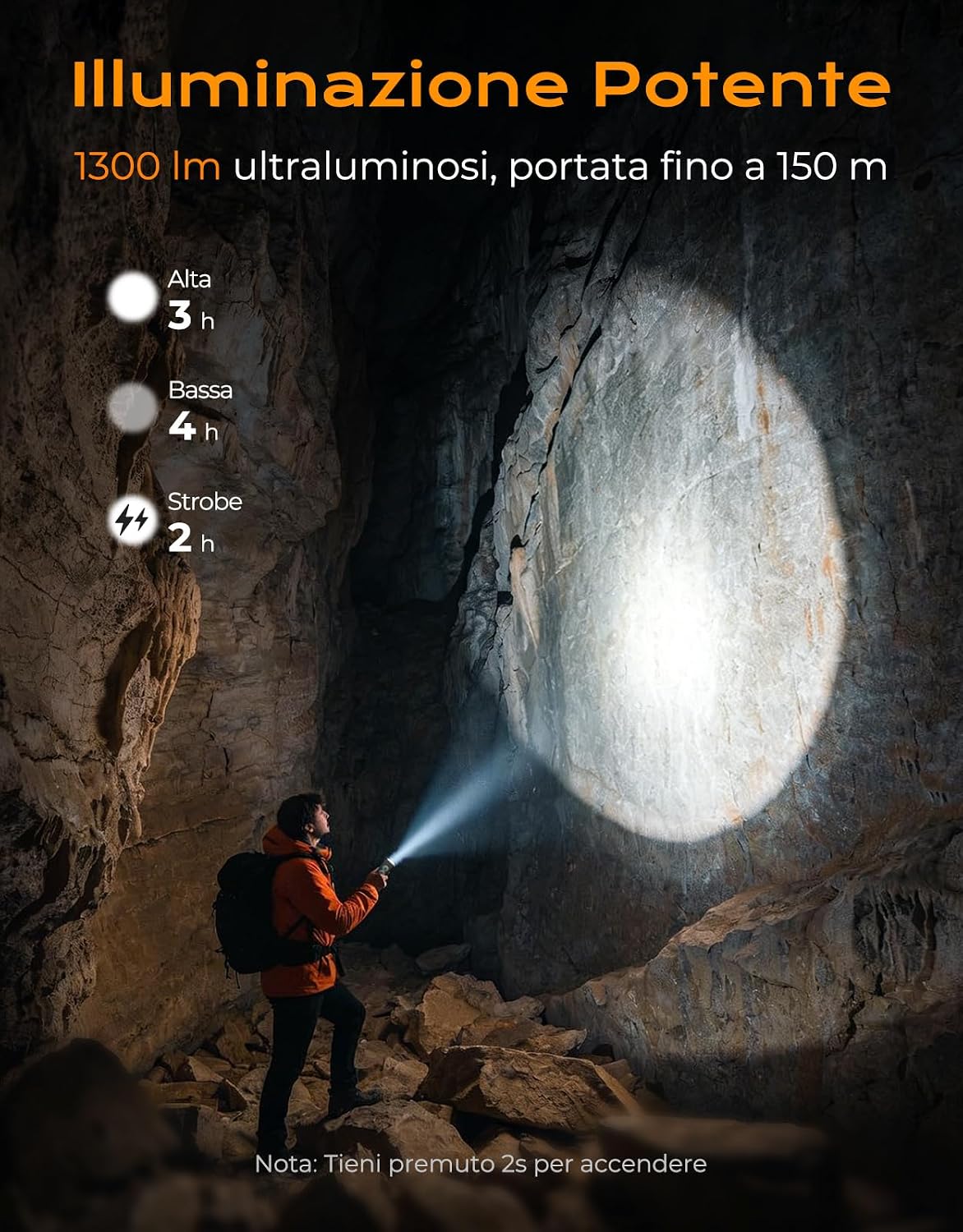 Detalle de Babacom 1300lm Torcia LED Ricaricabile: 7 Modalità, UV e COB, IP44, Base Magnetica