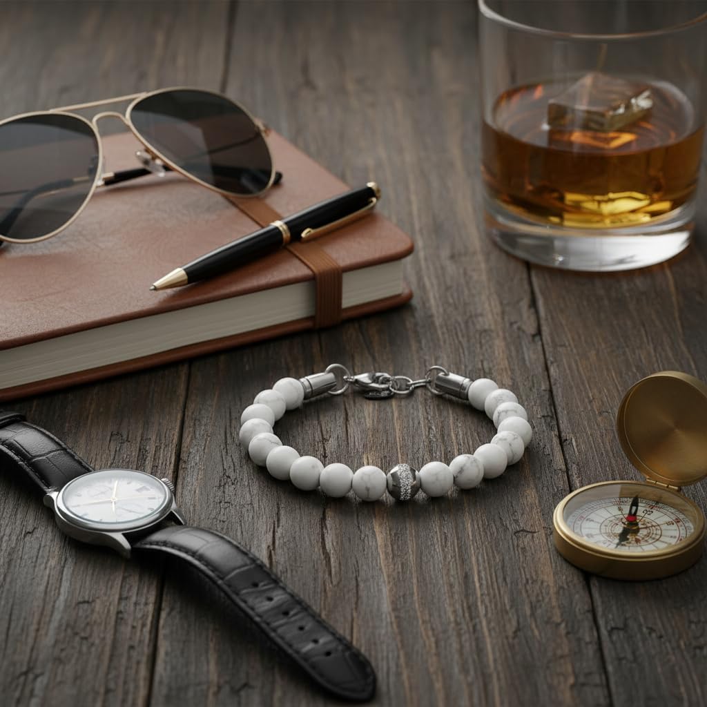 Thumbnail 3 de 10:10 Bracciale Uomo Pietre Naturali 8 MM – Aulite Bianca, Regolabile, Made in Italy