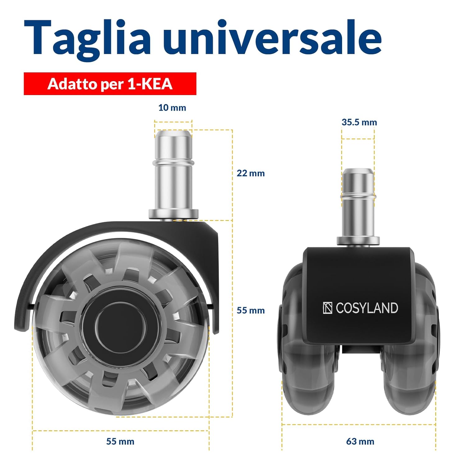 Detalle de COSYLAND Rotelle doppie argento trasparente per sedia ufficio – 10 mm, rotazione 360° e pavimenti delicati