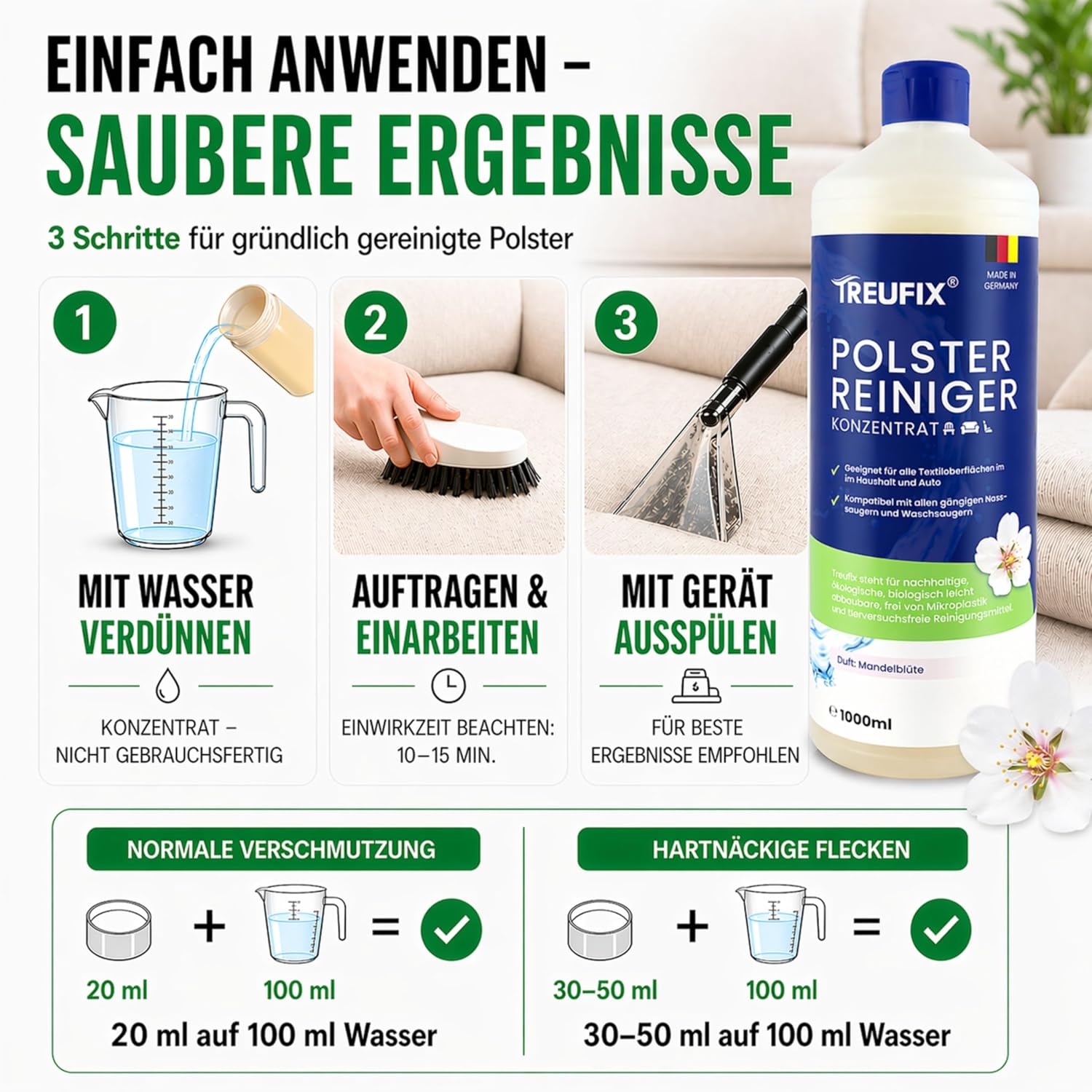 Thumbnail 3 de Treufix Polsterreiniger Konzentrat für Sofa, Couch & Matratzen (1L) – für Waschsauger, Nasssauger & Handreinigung