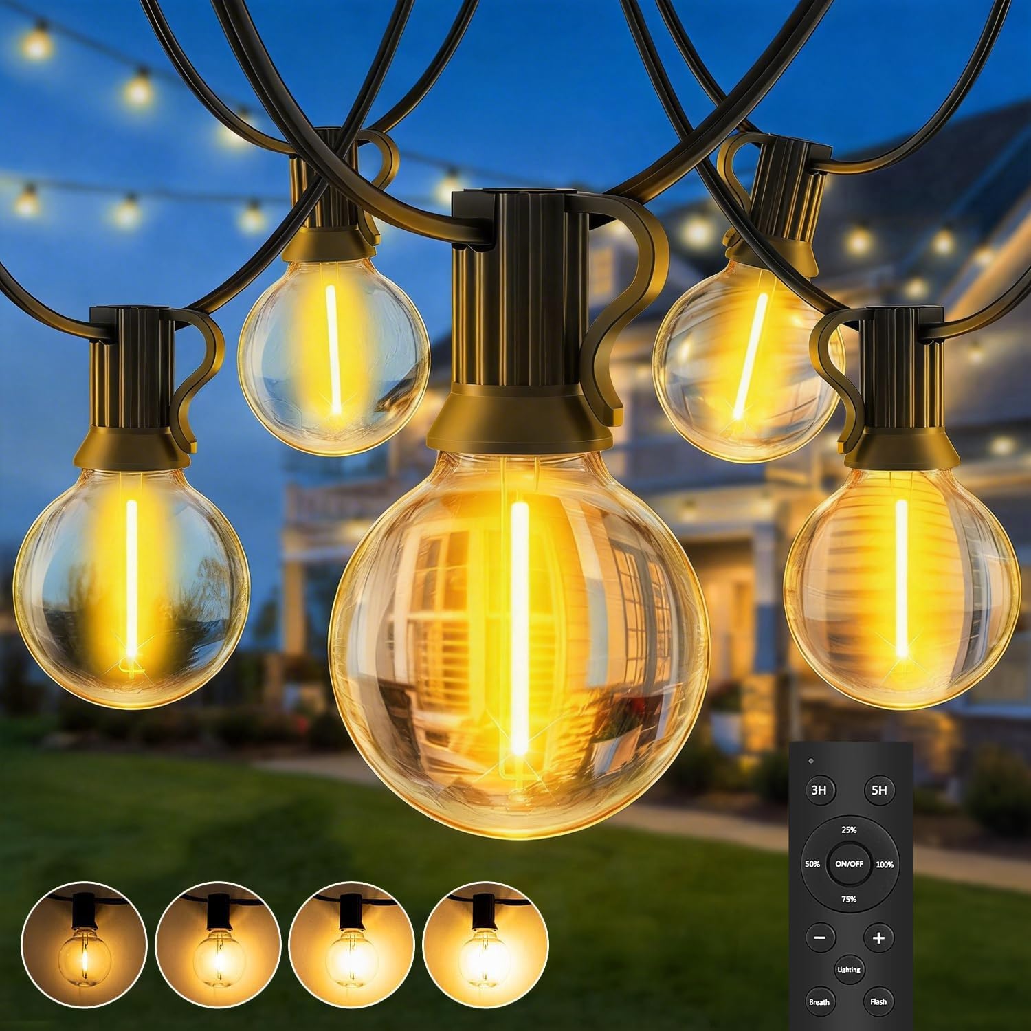 Detalle de SAEIHGAE guirnalda de luces exterior LED 20 m con bombillas G40, IP44 e iluminación ampliable