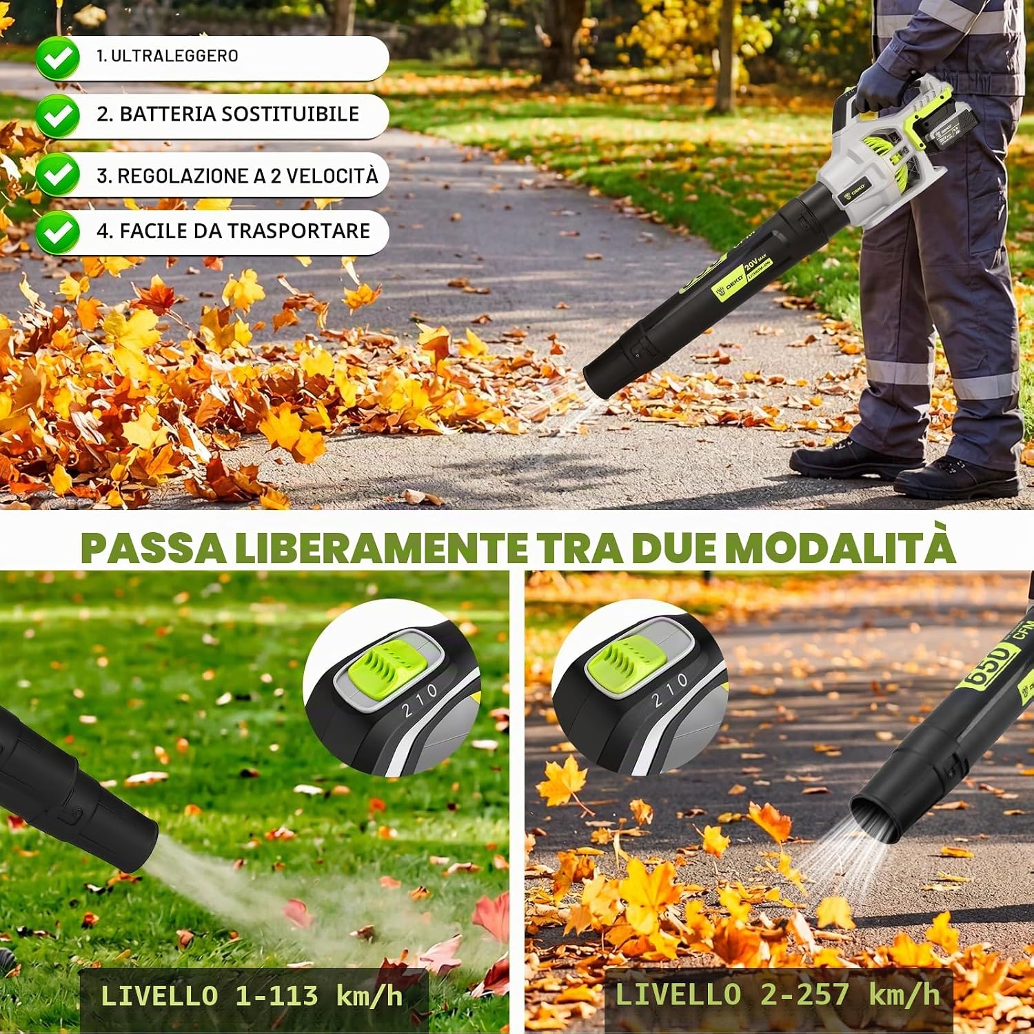 Detalle de DEKOPRO Soffiatore a Batteria 20V con 2 Batterie da 4.0Ah e Caricabatterie — 650 CFM, 257 km/h, 2 Velocità