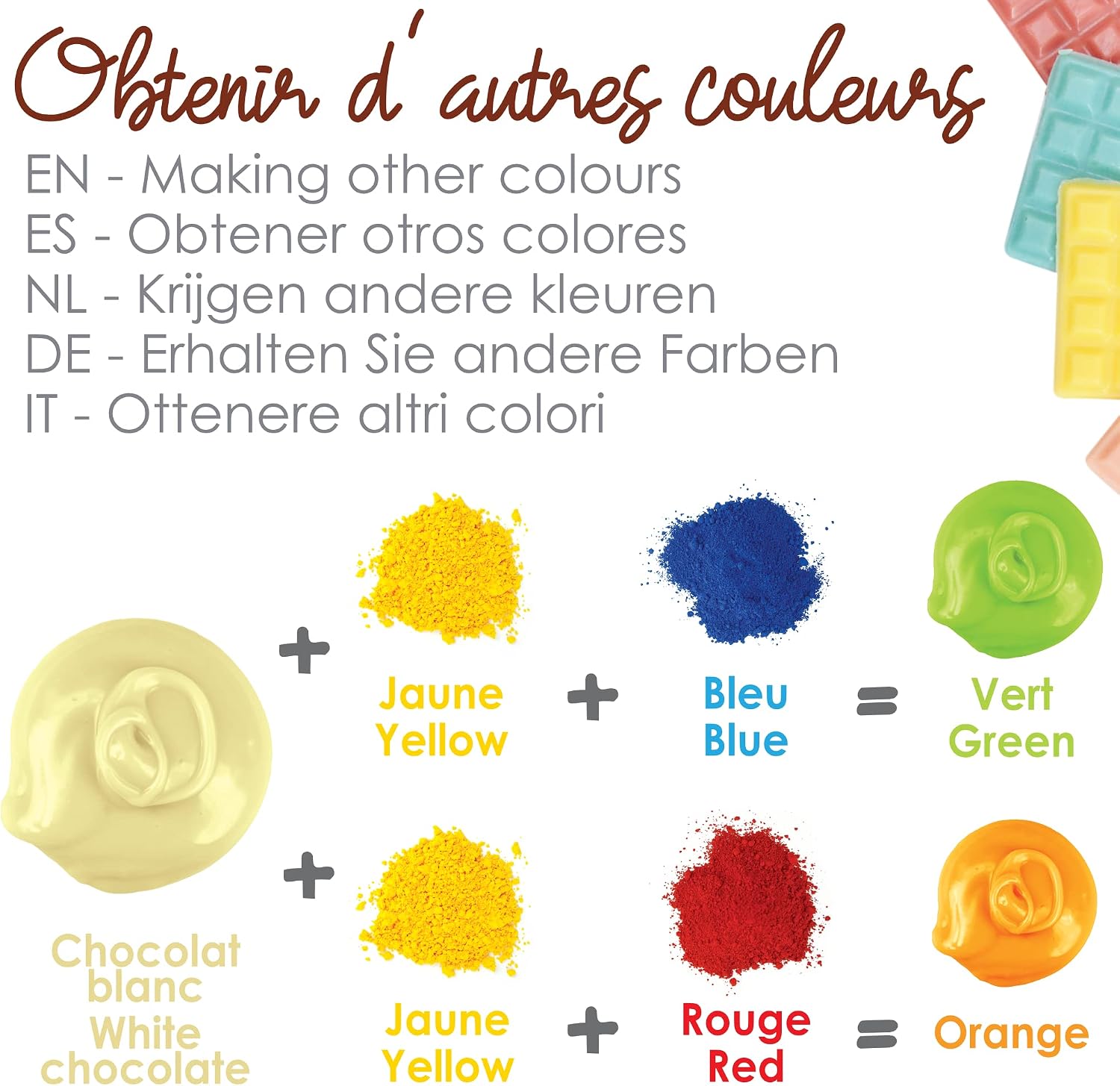 Detalle de ScrapCooking Color’ Choco Rouge, Bleu & Jaune – 3 colorants liposolubles en poudre pour chocolat