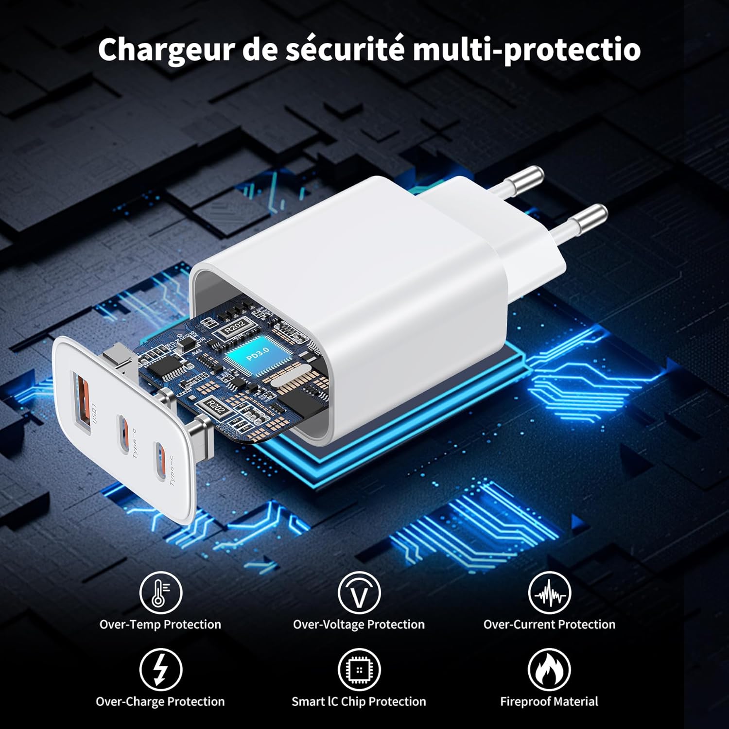 Thumbnail 2 de BHHB Chargeur USB-C 30W 3 Ports – Bloc d'alimentation rapide avec câble 2 m