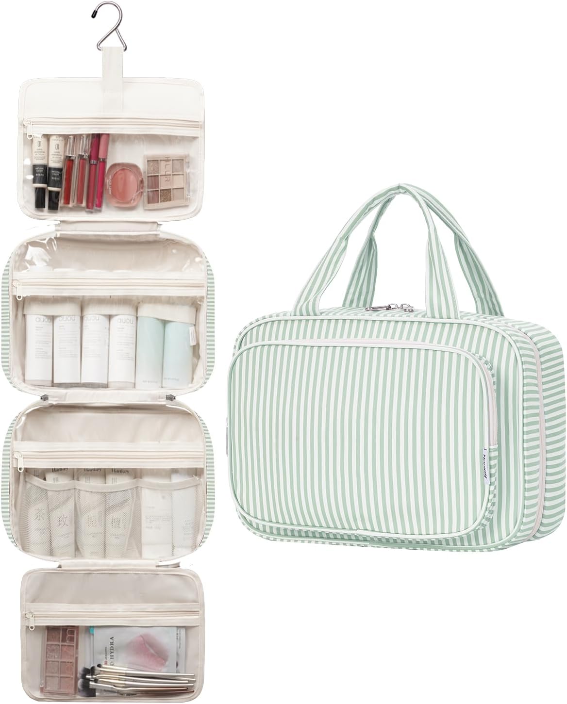 Detalle de Narwey Large Hanging Travel Toiletry Bag (Mint Green Stripe) with 4 Compartments