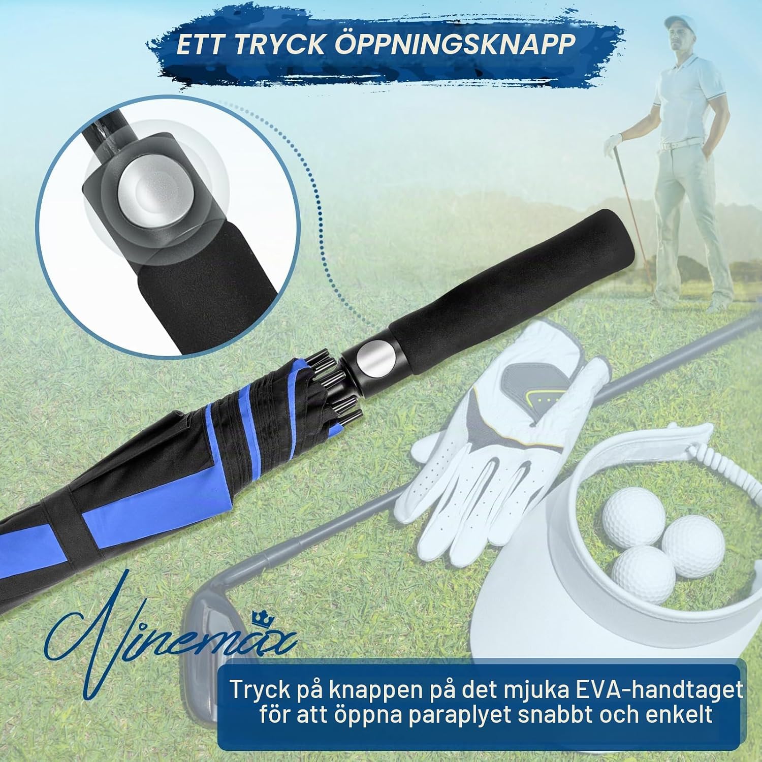 Detalle 2 de NINEMAX golfparaply 62/68 inch med automatisk öppning och dubbeltak