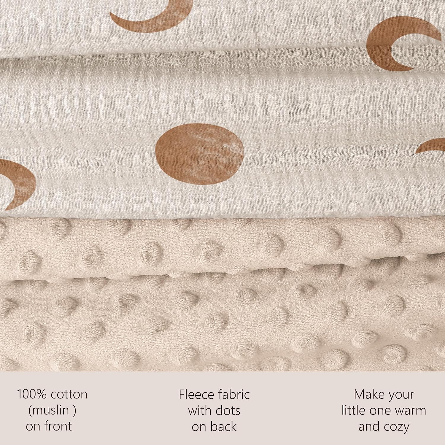 Thumbnail 2 de Bearmoss Baby Blanket Soft Nursery Crib Blanket with Muslin Cotton Front and Dotted Fleece Back, 76x100cm (Brown Moon)