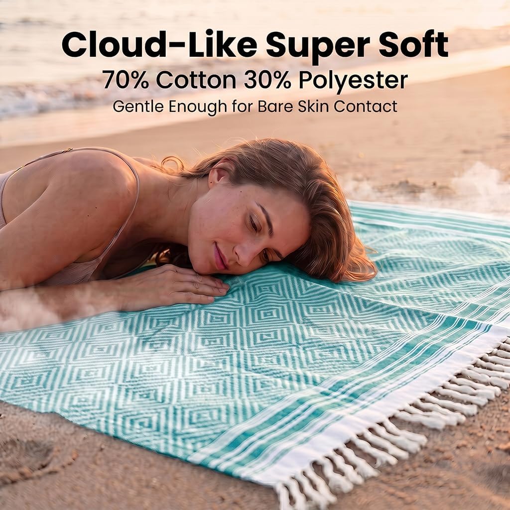 Thumbnail 3 de Yongoes XL-23-Teal Oversized Turkish Beach Towel Blanket, Teal Cotton Blend