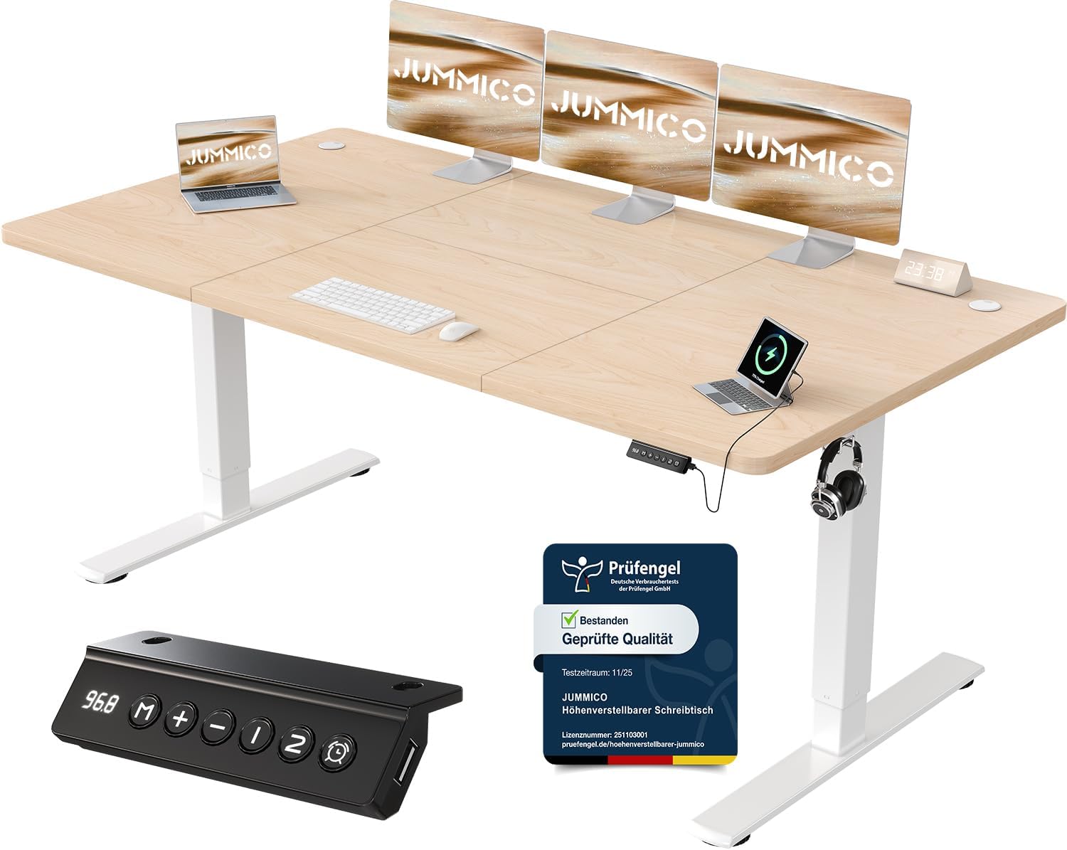 Detalle de JUMMICO elektrisch höhenverstellbarer Schreibtisch mit USB-Ladeanschluss, 180 x 80 cm (beige)