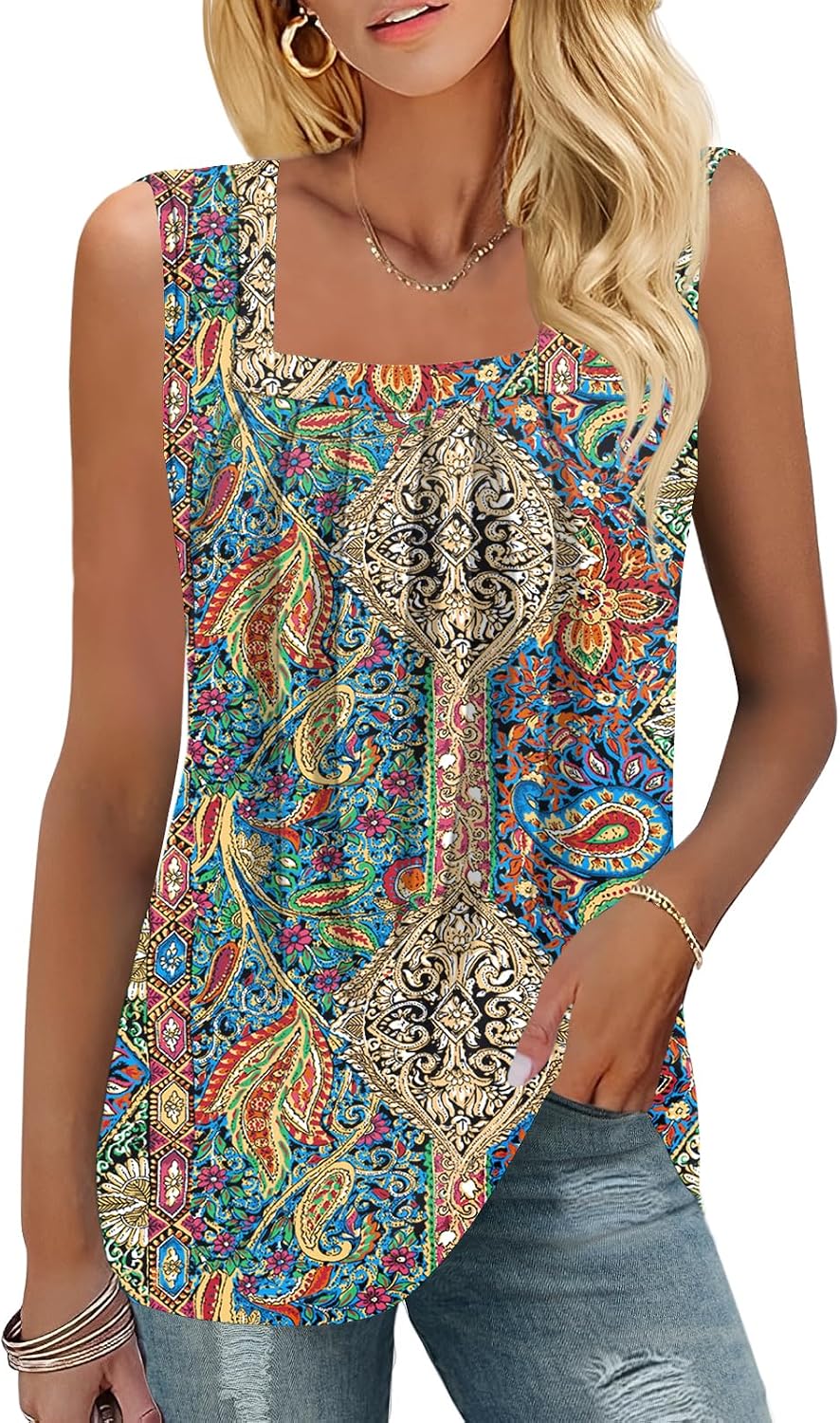 Thumbnail 6 de KTILG Summer Sleeveless Square Neck Pleated Tunic Tank Top for Women