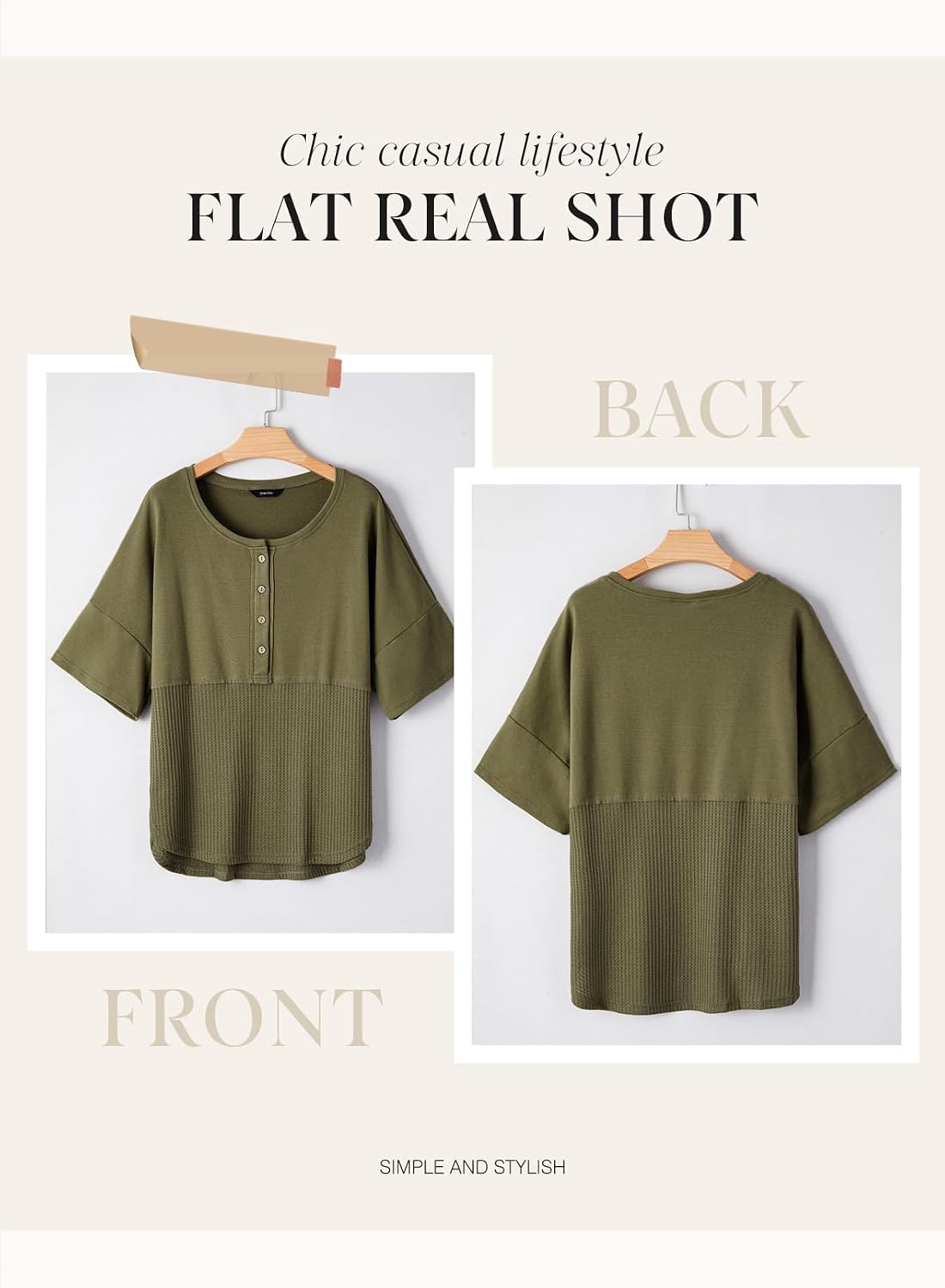 Detalle de Dokotoo Bluse Damen Sommer Oberteile – Patchwork-Waffelstrick Oversize T-Shirt mit Rundhals