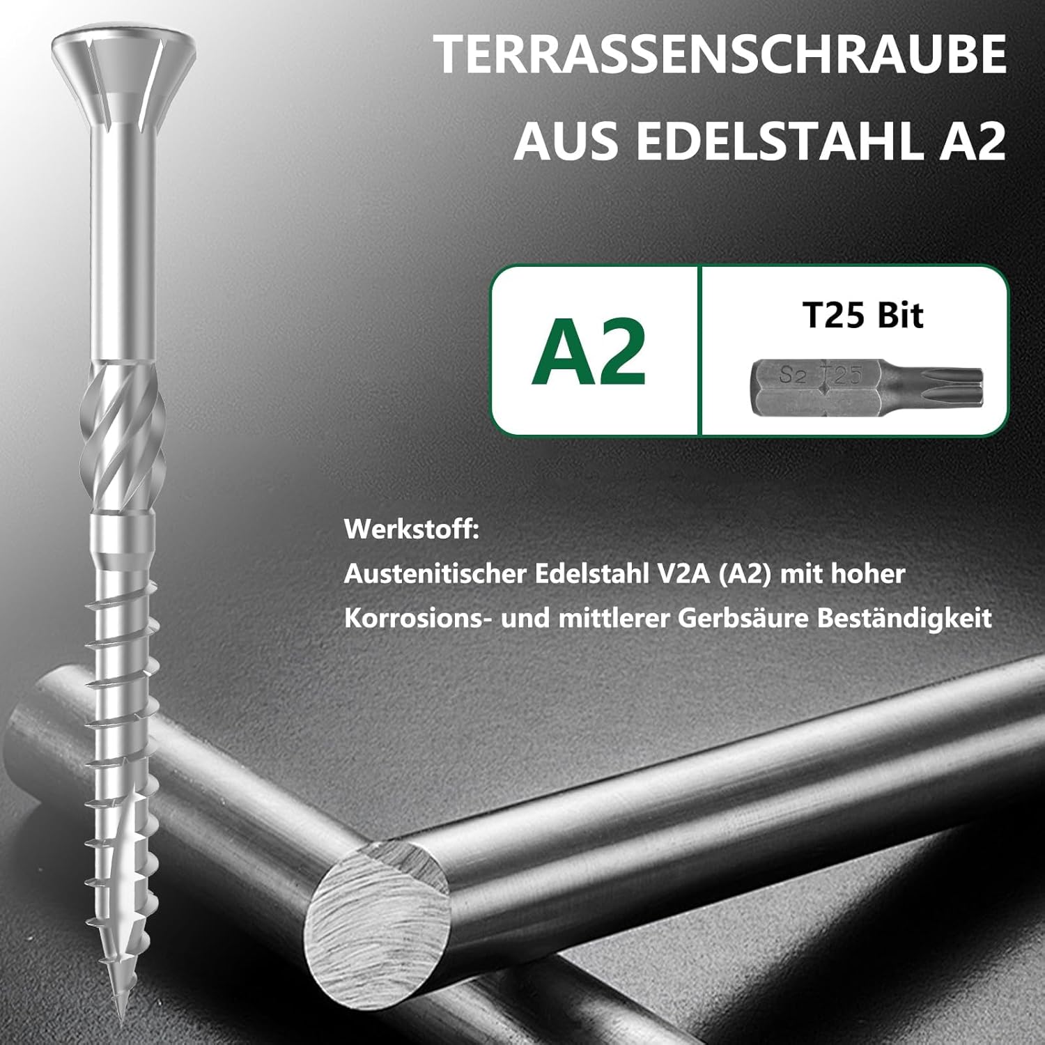 Detalle 2 de TCO Vis pour terrasse 5x60 acier inoxydable A2 (tête fraisée) + embout T25