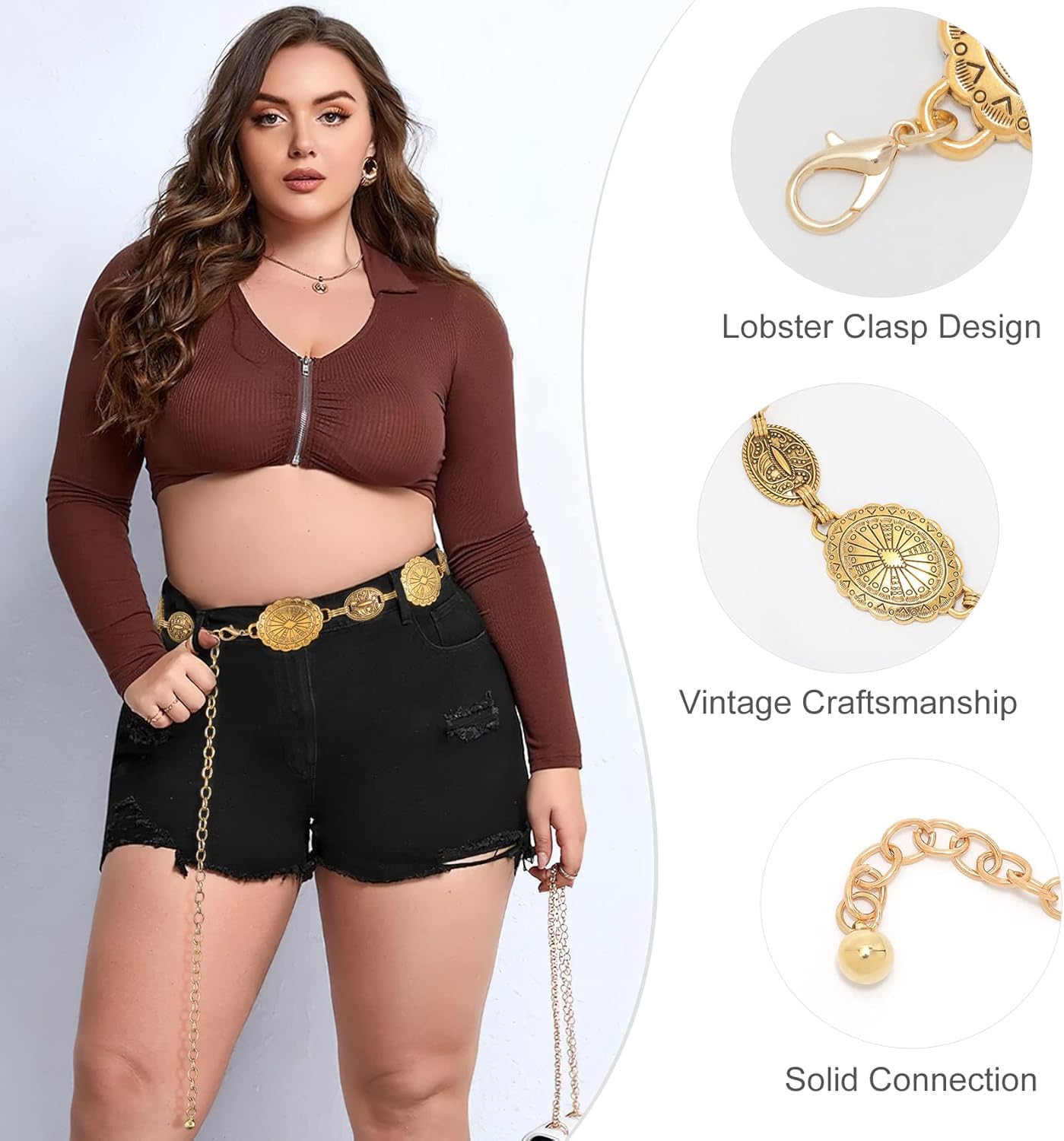 Thumbnail 3 de JASGOOD Women Concho Chain Belt: Turquoise Metal Link Western Cowgirl Accessory