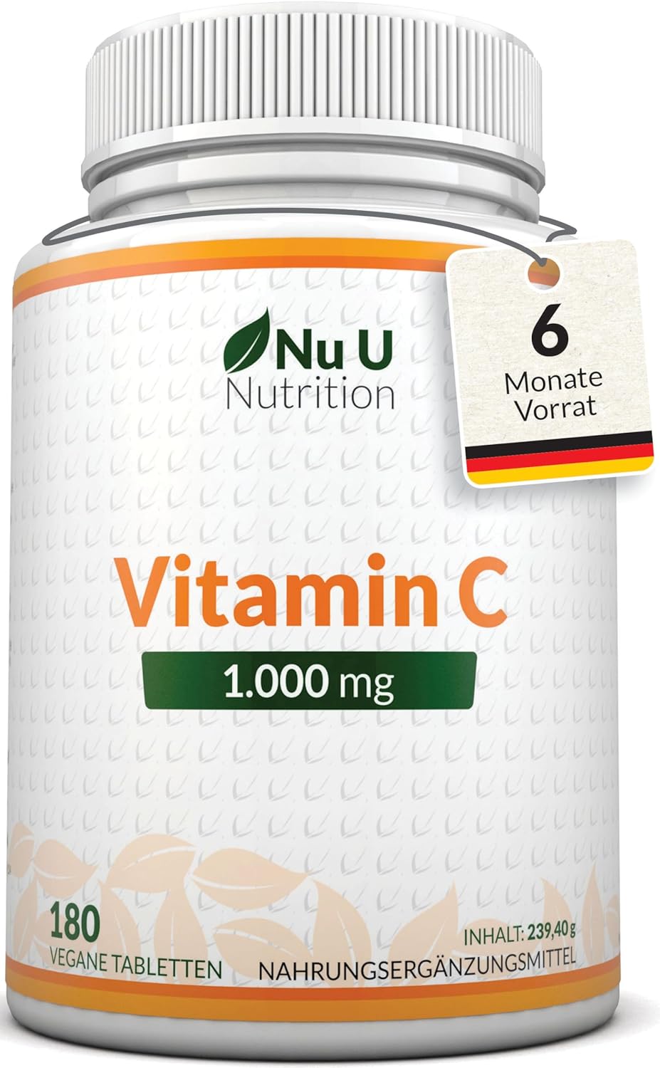 Detalle de Nu U Nutrition Vitamin C 1000mg Hochdosiert 180 Vegane Tabletten