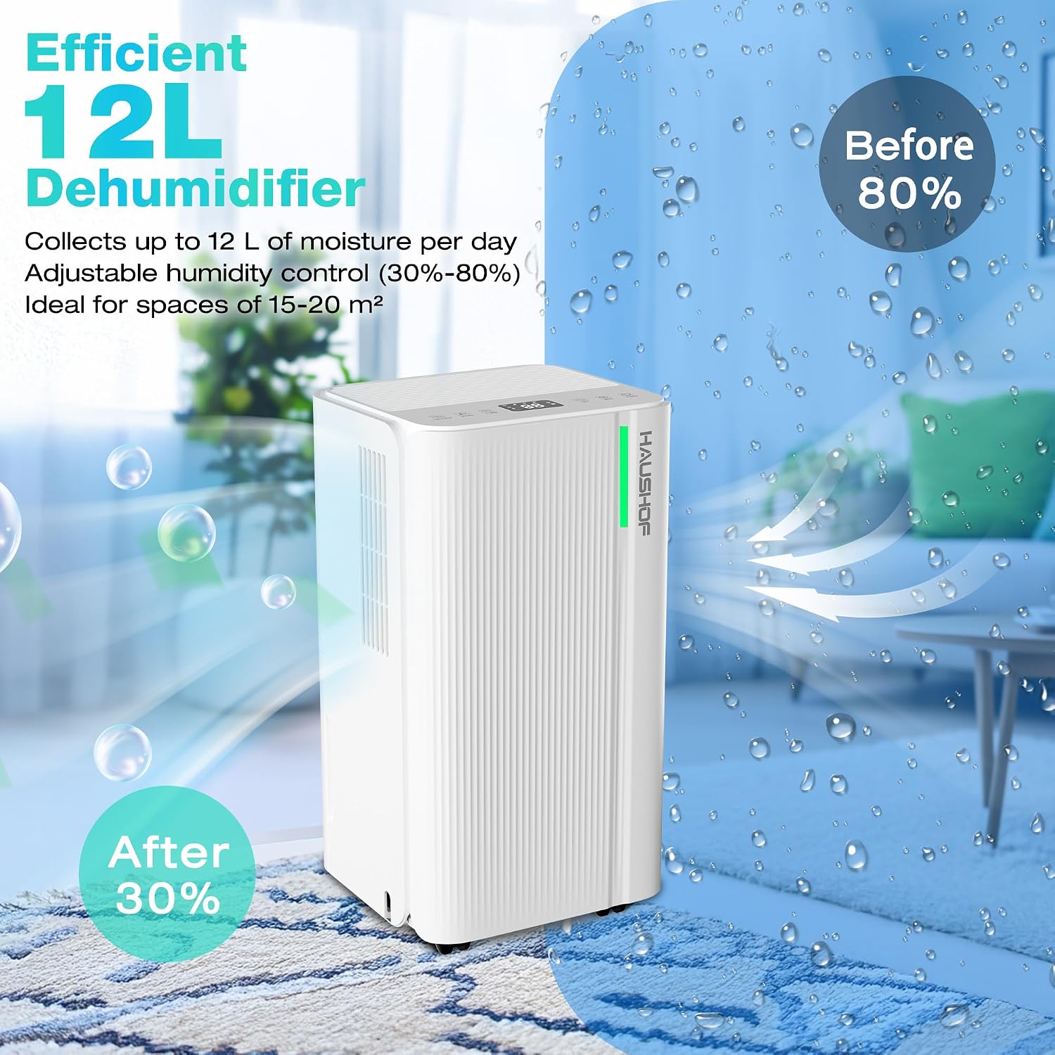 Thumbnail 1 de HAUSHOF 12L/Day dehumidifier with air purification, digital humidity display and 24h timer