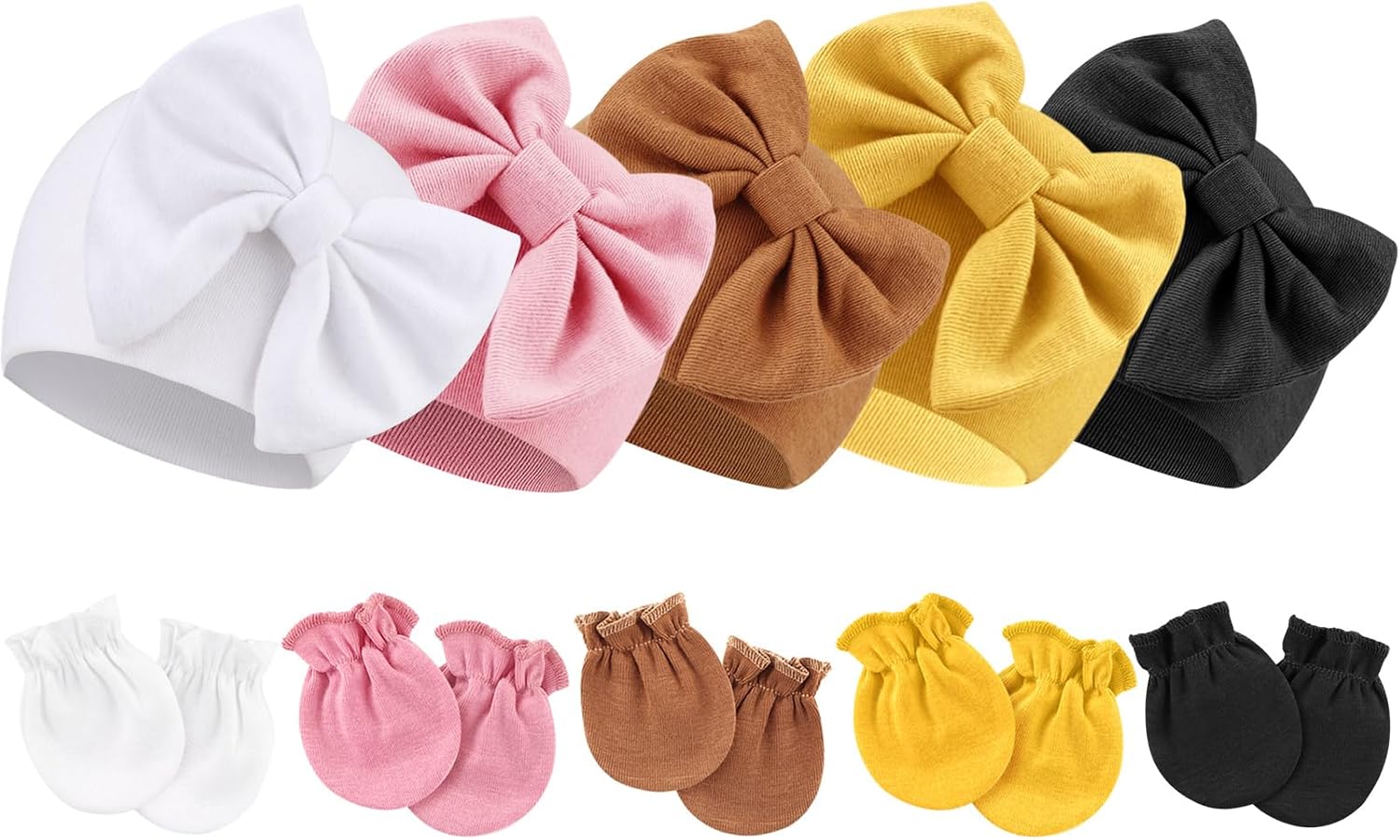DRESHOW Neugeborene Set: 5 Hauben + 5 Fäustlinge für 0–6 Monate