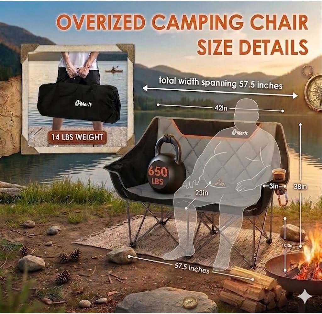 Thumbnail 2 de EMERIT Oversized Fully Padded Camping Chair — 650 lb Capacity Quad Fold Loveseat