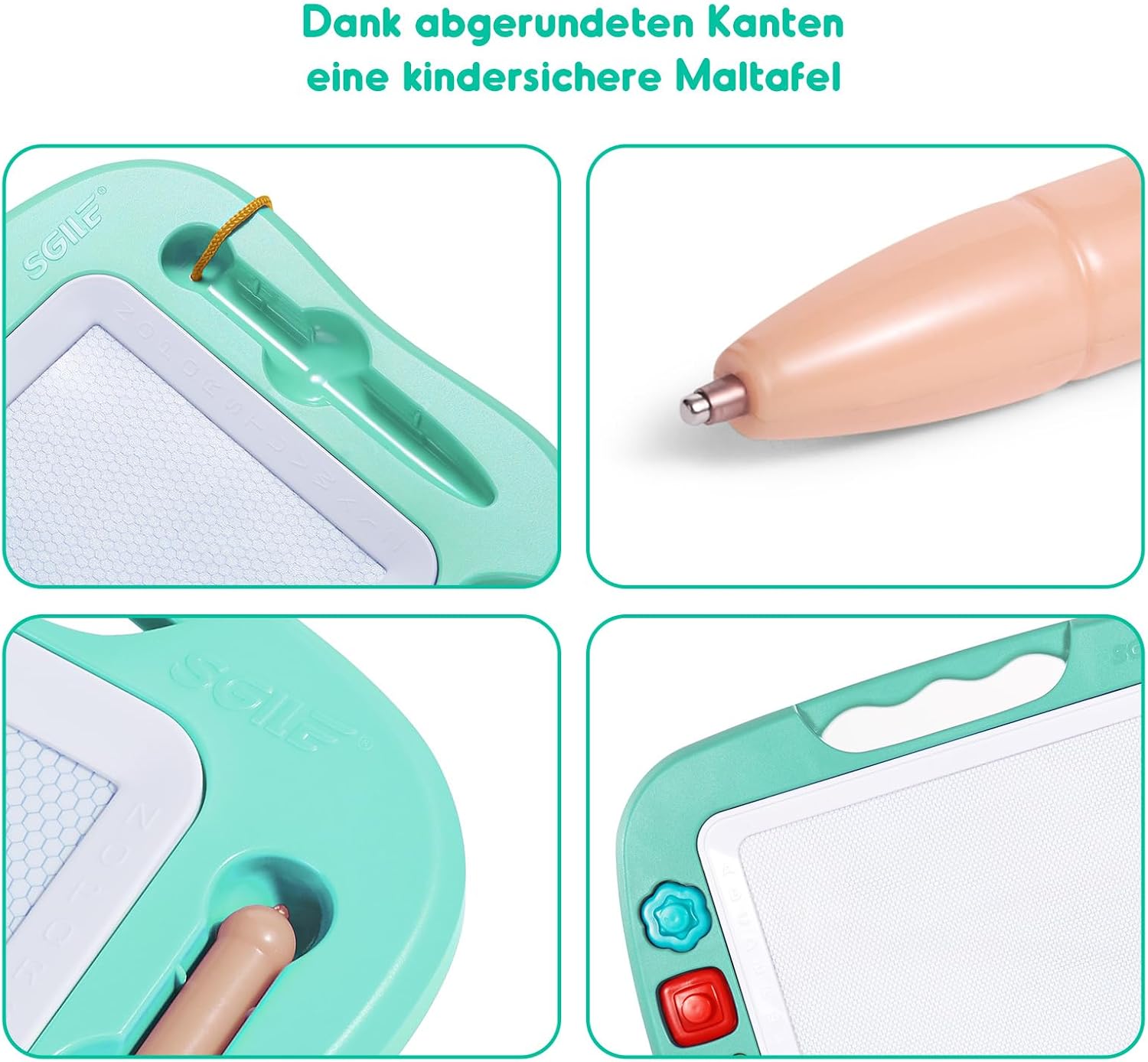 Detalle 2 de SGILE große magnetische Maltafel „Zaubertafel“ für Kinder ab 2 Jahren, 42 × 32 cm (grün), inkl. Stift & 4 Stempeln