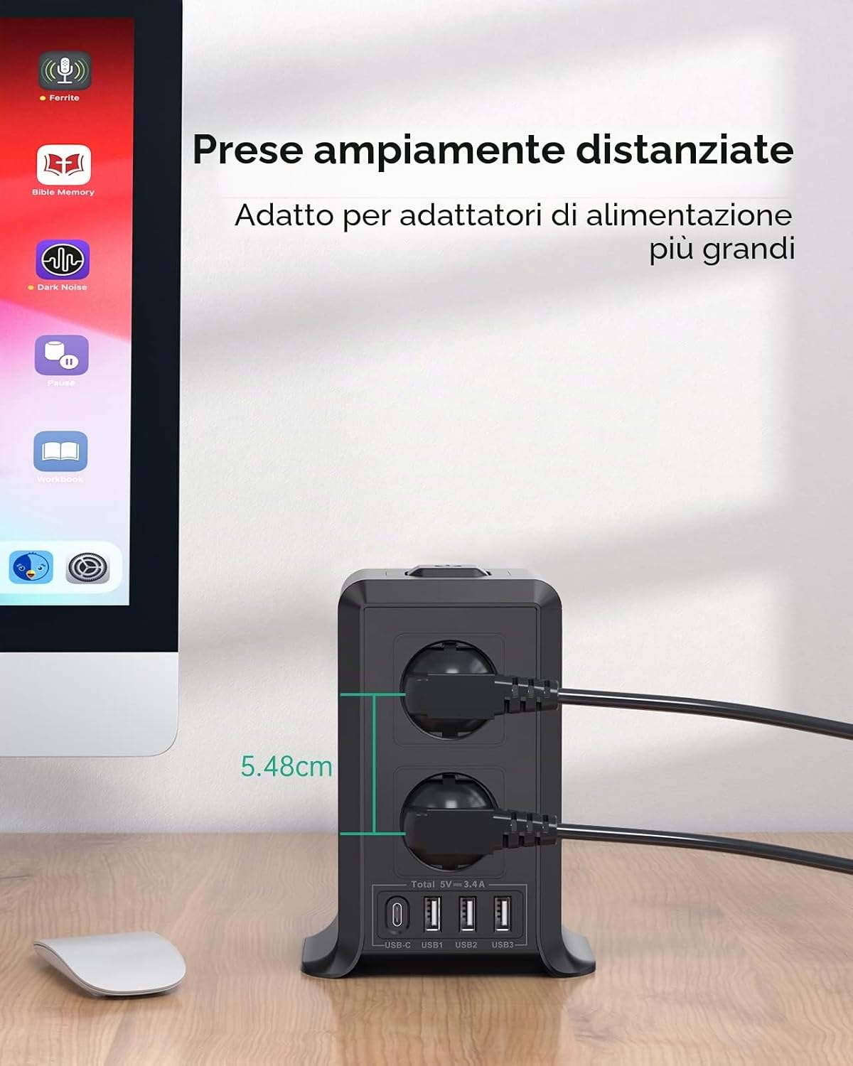 Thumbnail 6 de Ciabatta multipresa Sameriver con interruttore e 4 USB (3 USB-A + USB-C) a torre, cavo 2 m