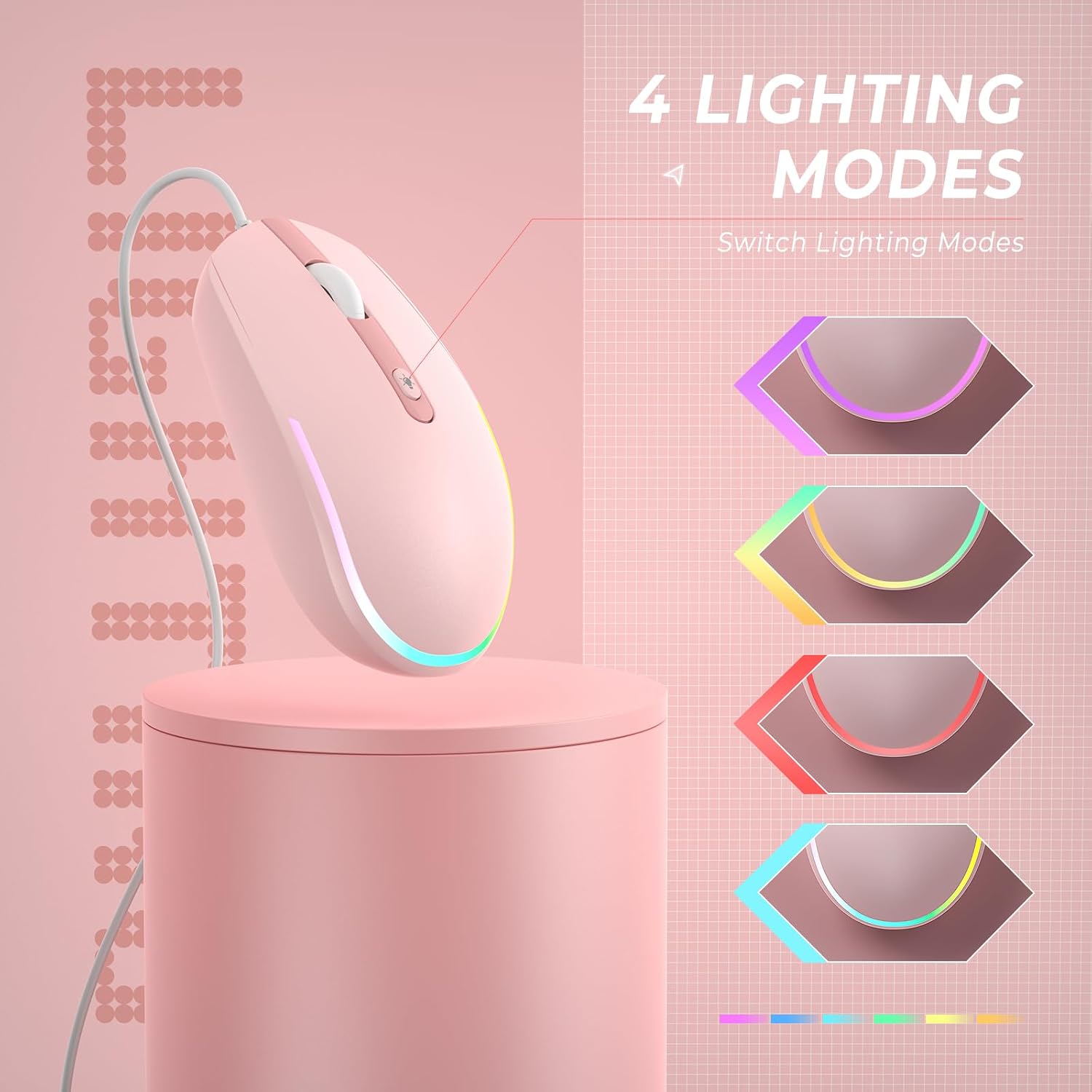 Detalle 2 de Seenda wired mouse 1600 DPI RGB in pink